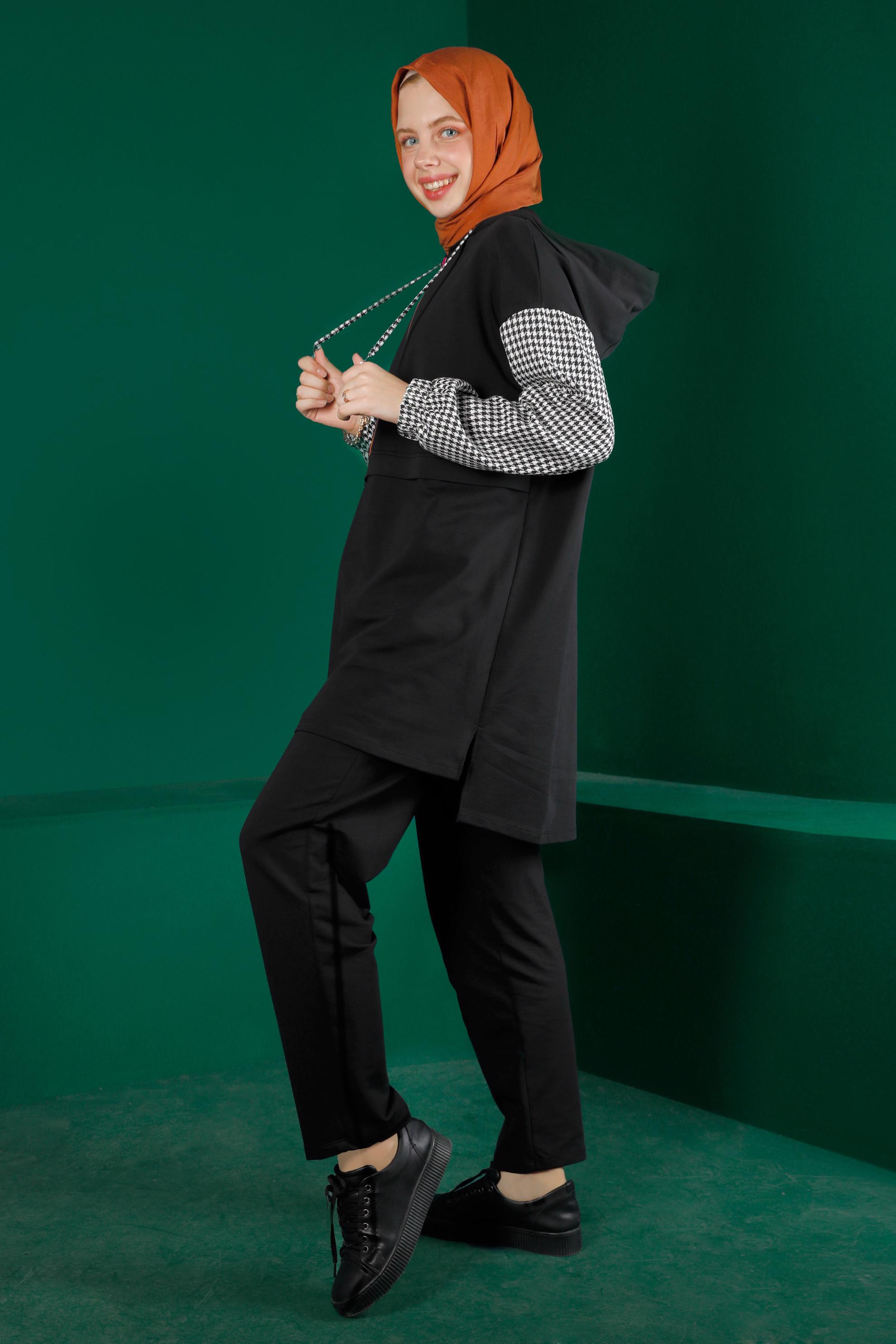 Tesettür giyim SİYAH FERMUARLI KAPÜŞONLU İKİLİ PANT. EŞOFMAN TAKIM 43346 