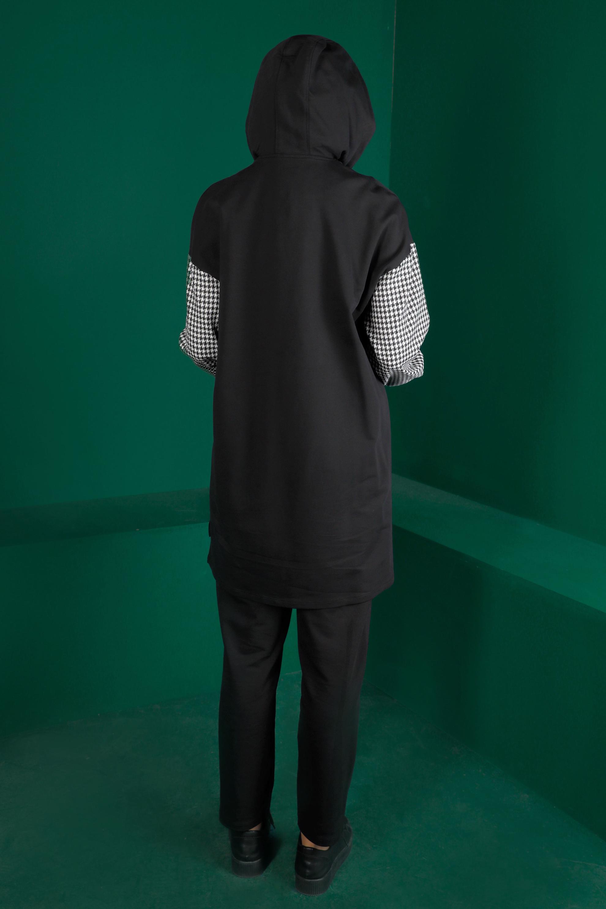 Tesettür giyim SİYAH FERMUARLI KAPÜŞONLU İKİLİ PANT. EŞOFMAN TAKIM 43346 