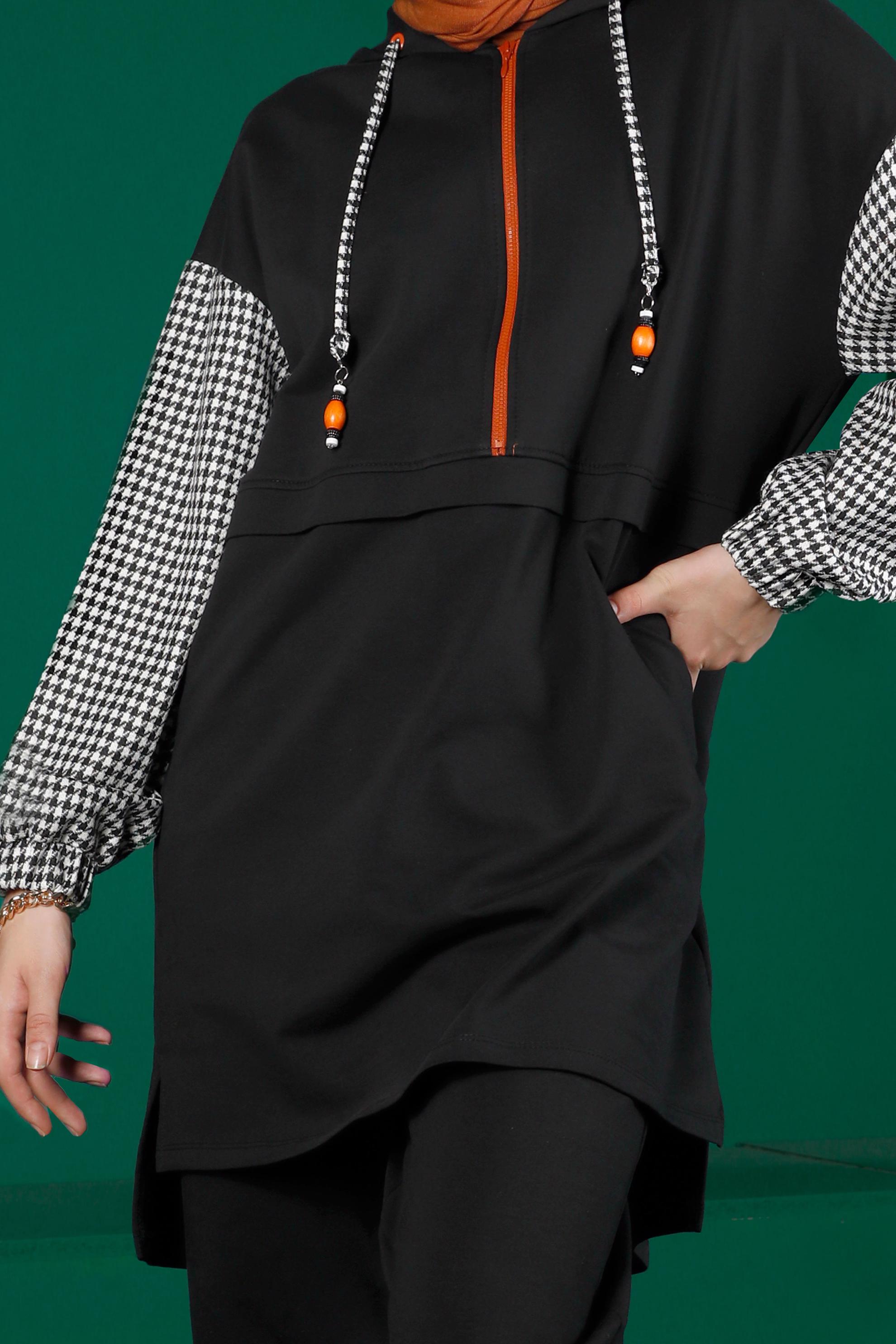 Tesettür giyim SİYAH FERMUARLI KAPÜŞONLU İKİLİ PANT. EŞOFMAN TAKIM 43346 