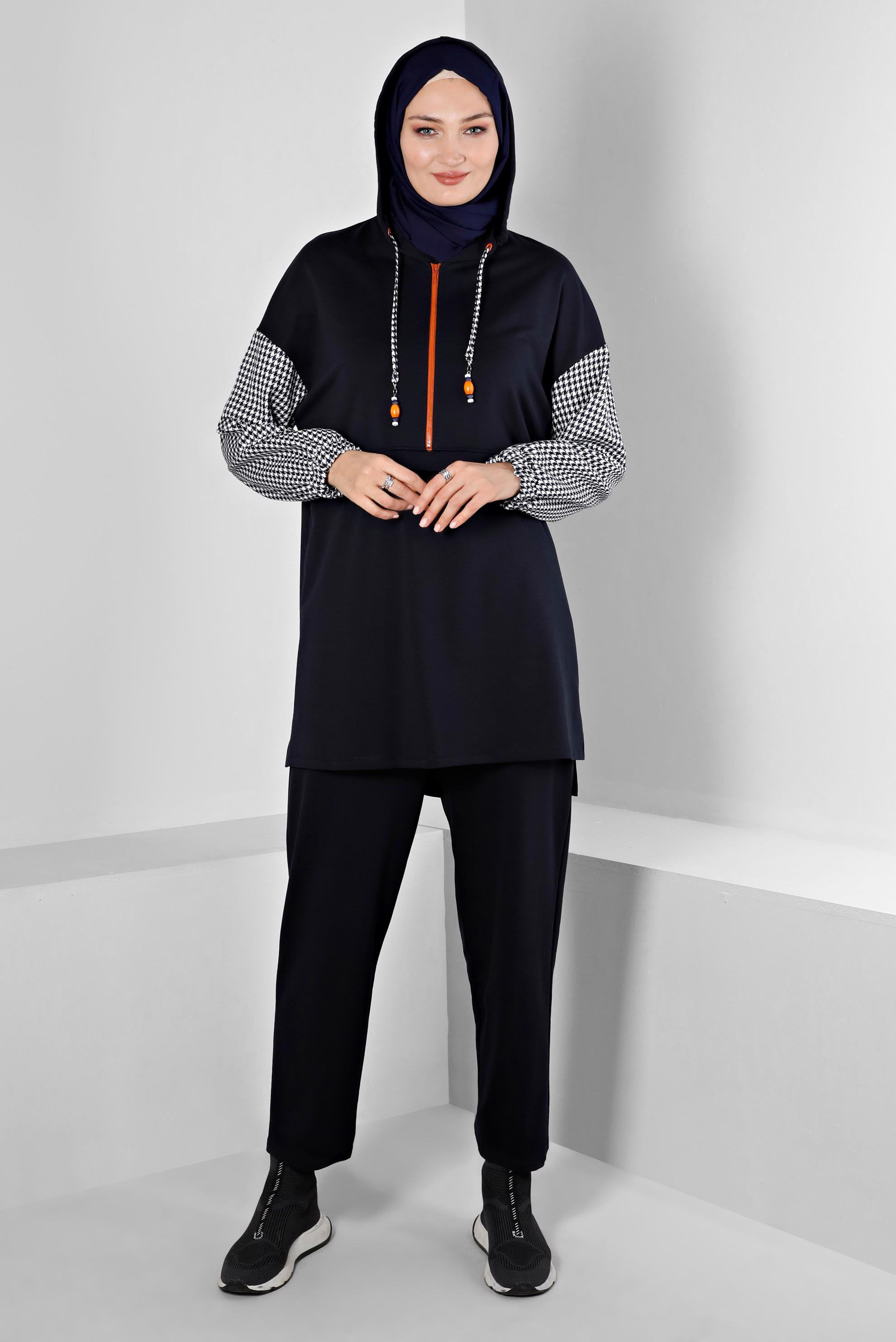 Hijab clothing NAVY BLUE ZIPPERED HOODED 2-PIECE TRACKSUIT SET 43346 