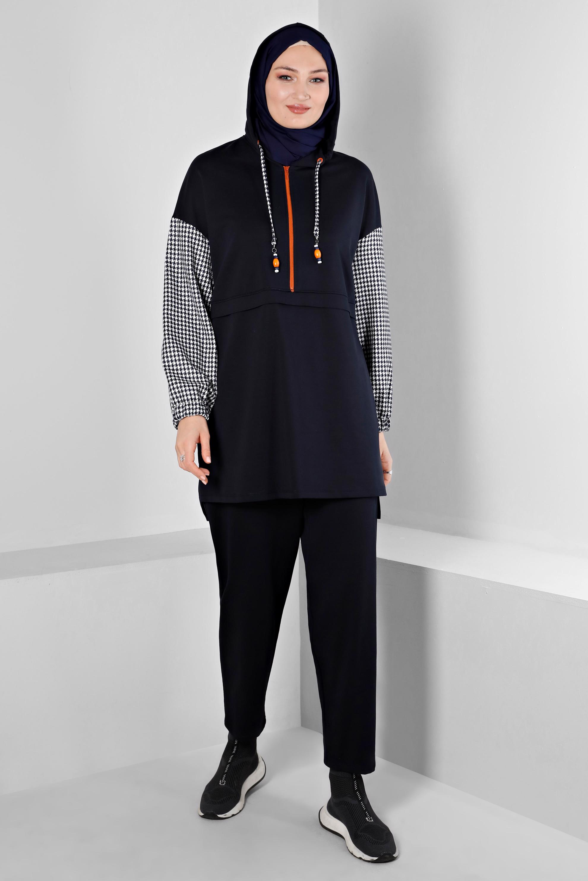 Hijab clothing NAVY BLUE ZIPPERED HOODED 2-PIECE TRACKSUIT SET 43346 