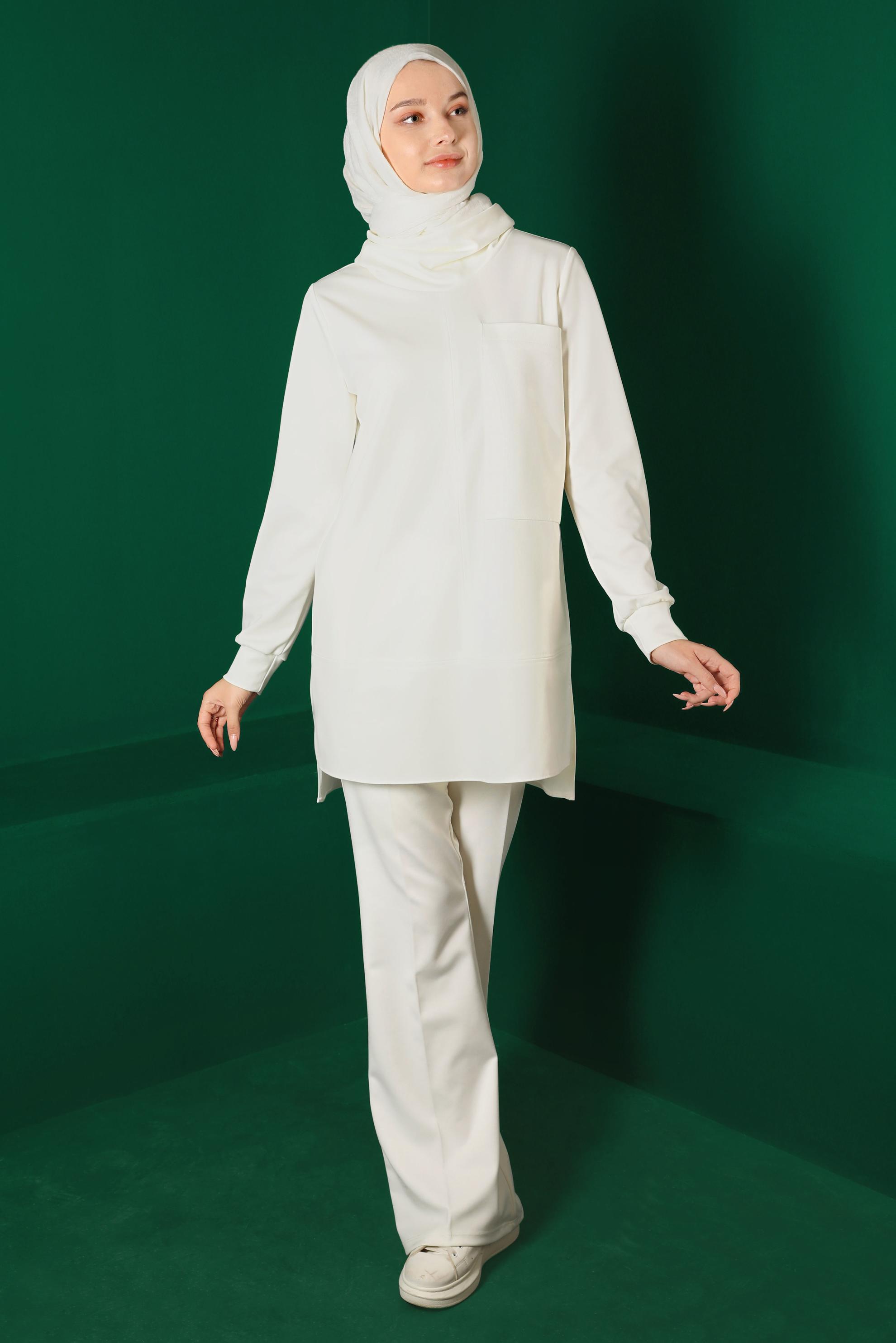 Tesettür giyim BEYAZ CEP DETAYLI İKİLİ PANT. TAKIM 43387