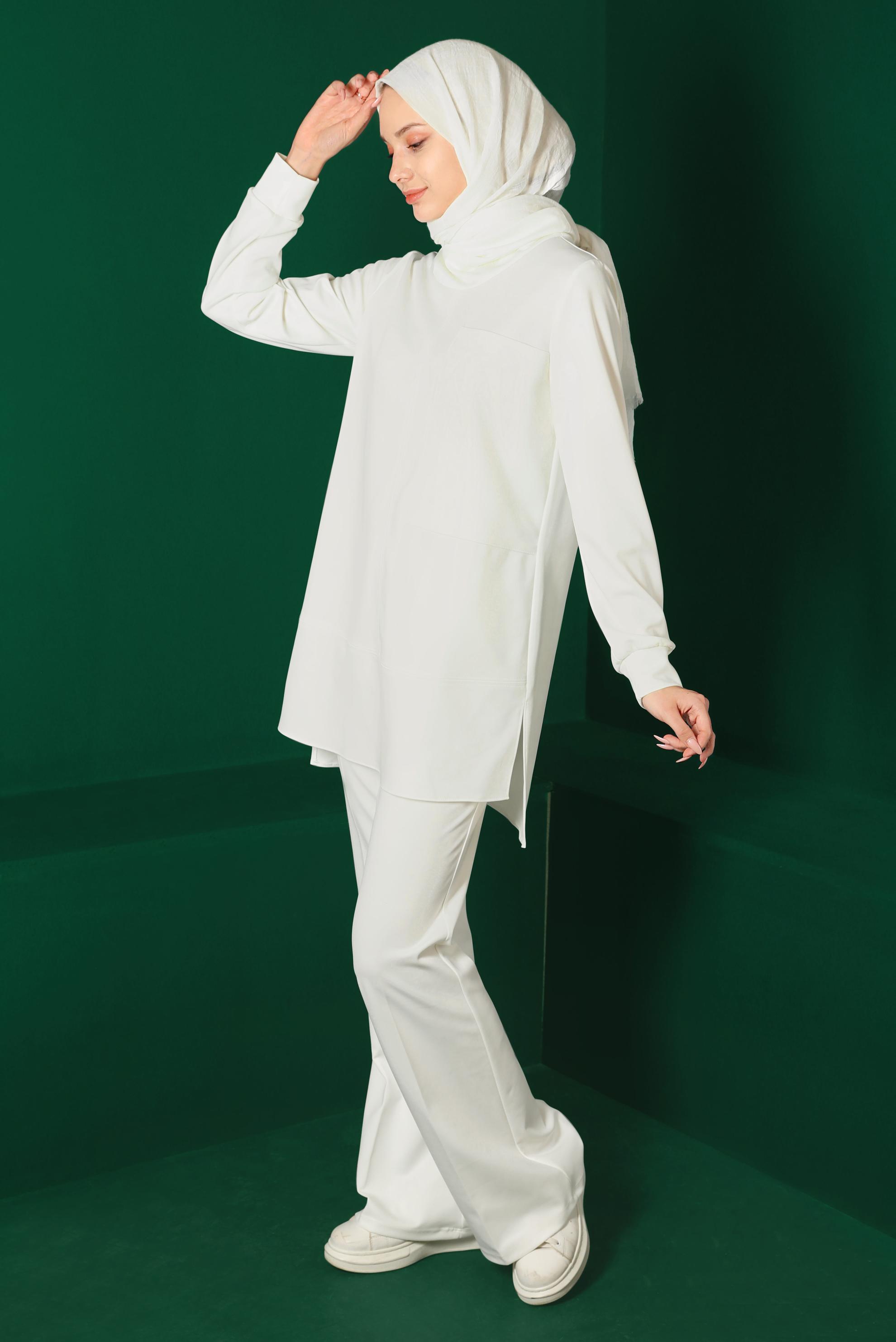 Tesettür giyim BEYAZ CEP DETAYLI İKİLİ PANT. TAKIM 43387