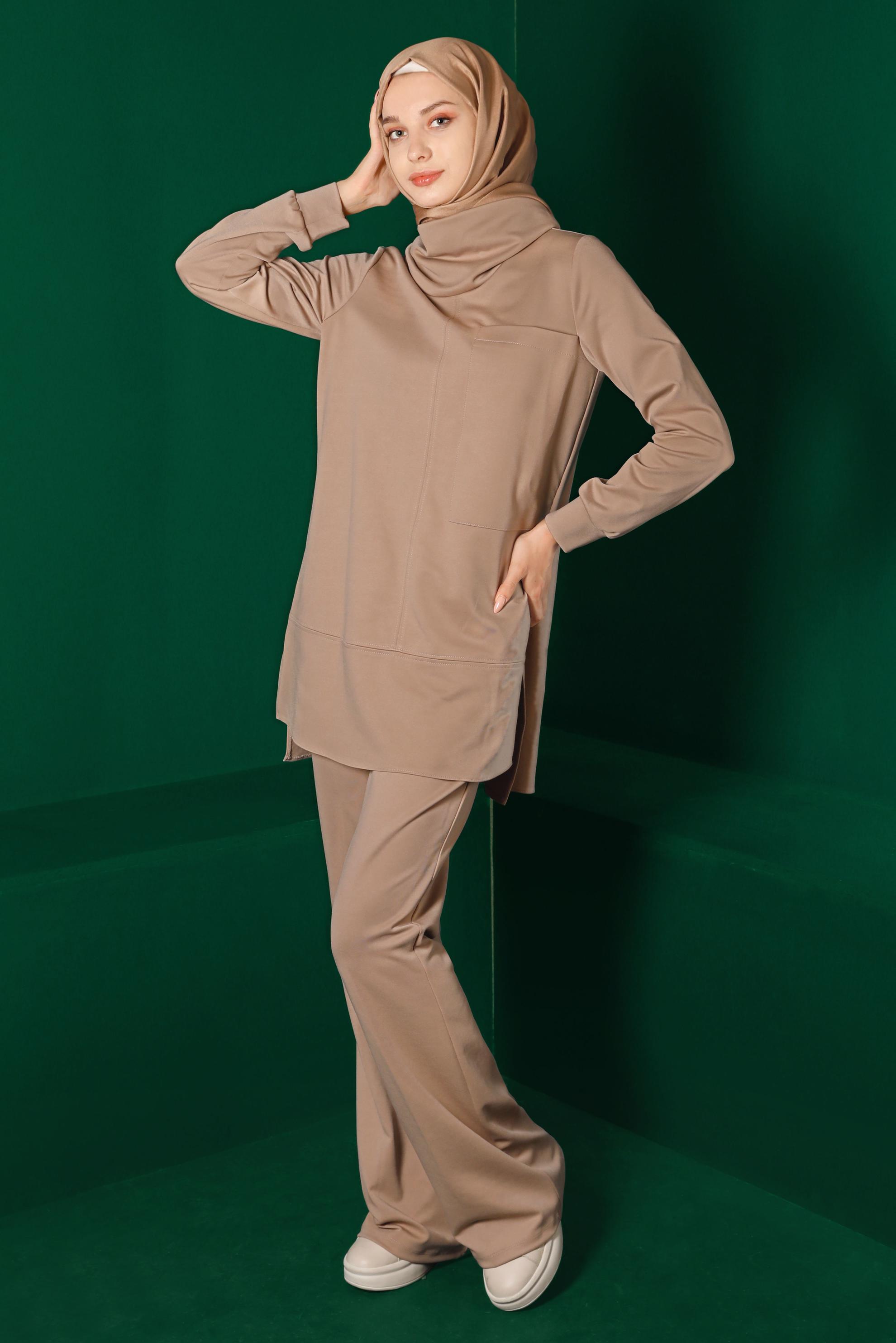 Tesettür giyim BEJ CEP DETAYLI İKİLİ PANT. TAKIM 43387