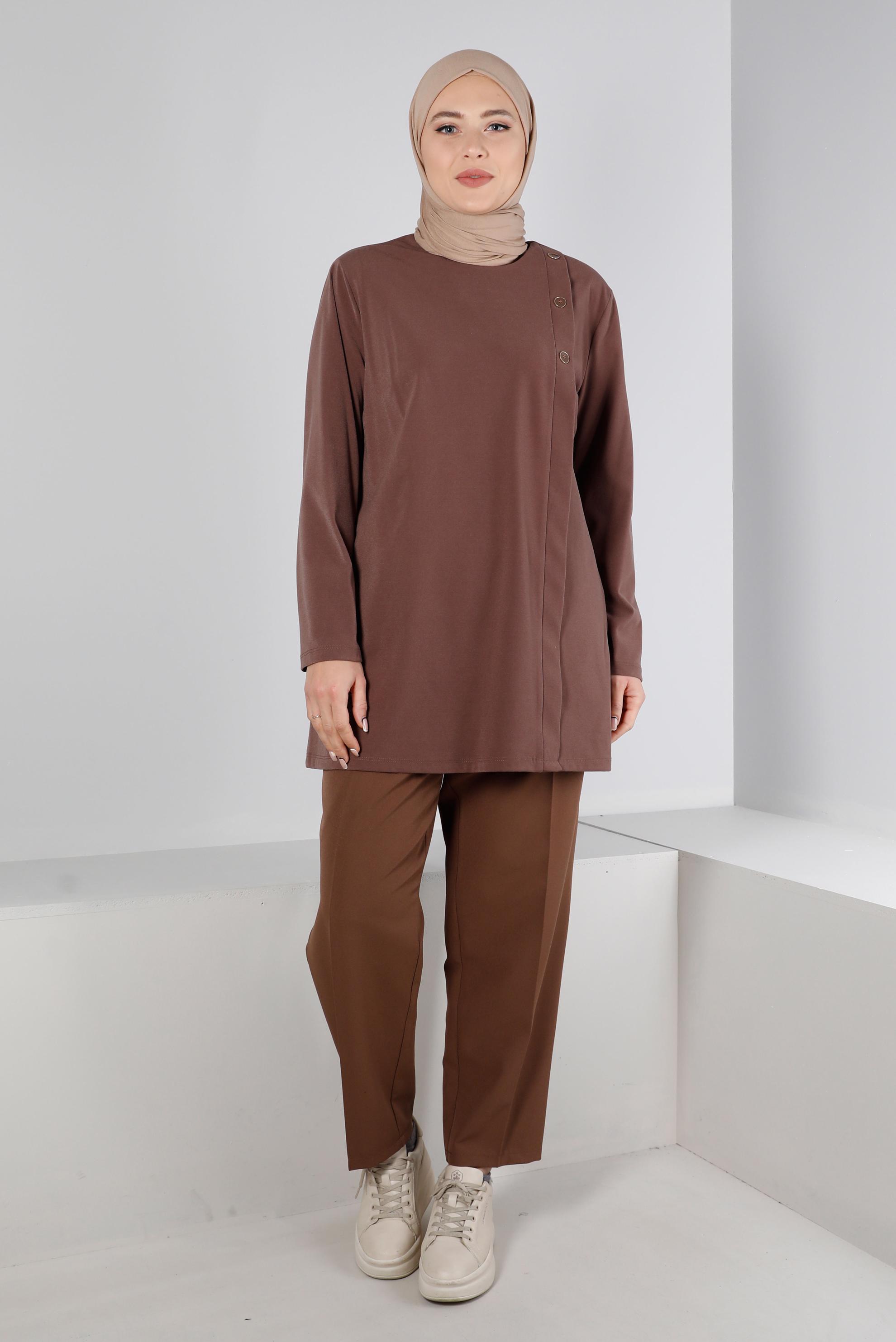 Tesettür giyim KAHVE DÜĞME DETAYLI TUNİK 20300