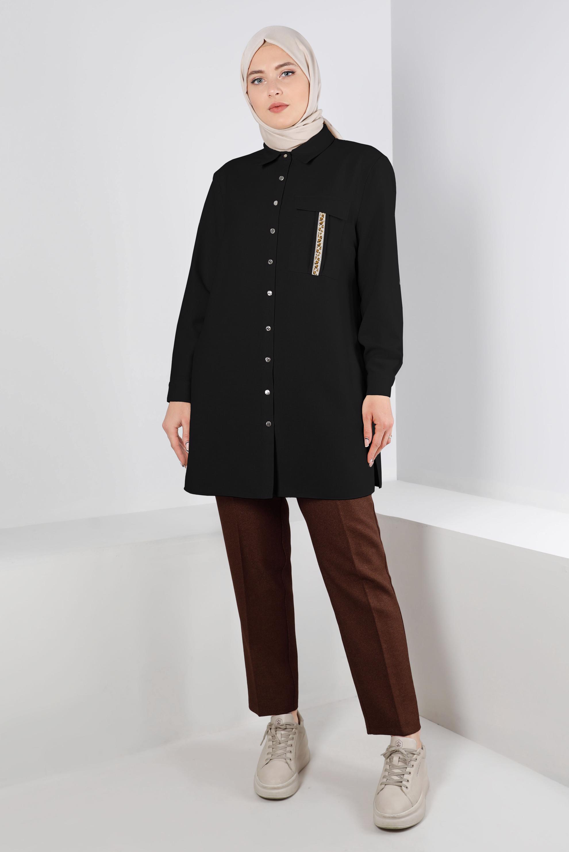 Tesettür giyim SİYAH VATKALI DÜĞMELİ TUNİK 20304