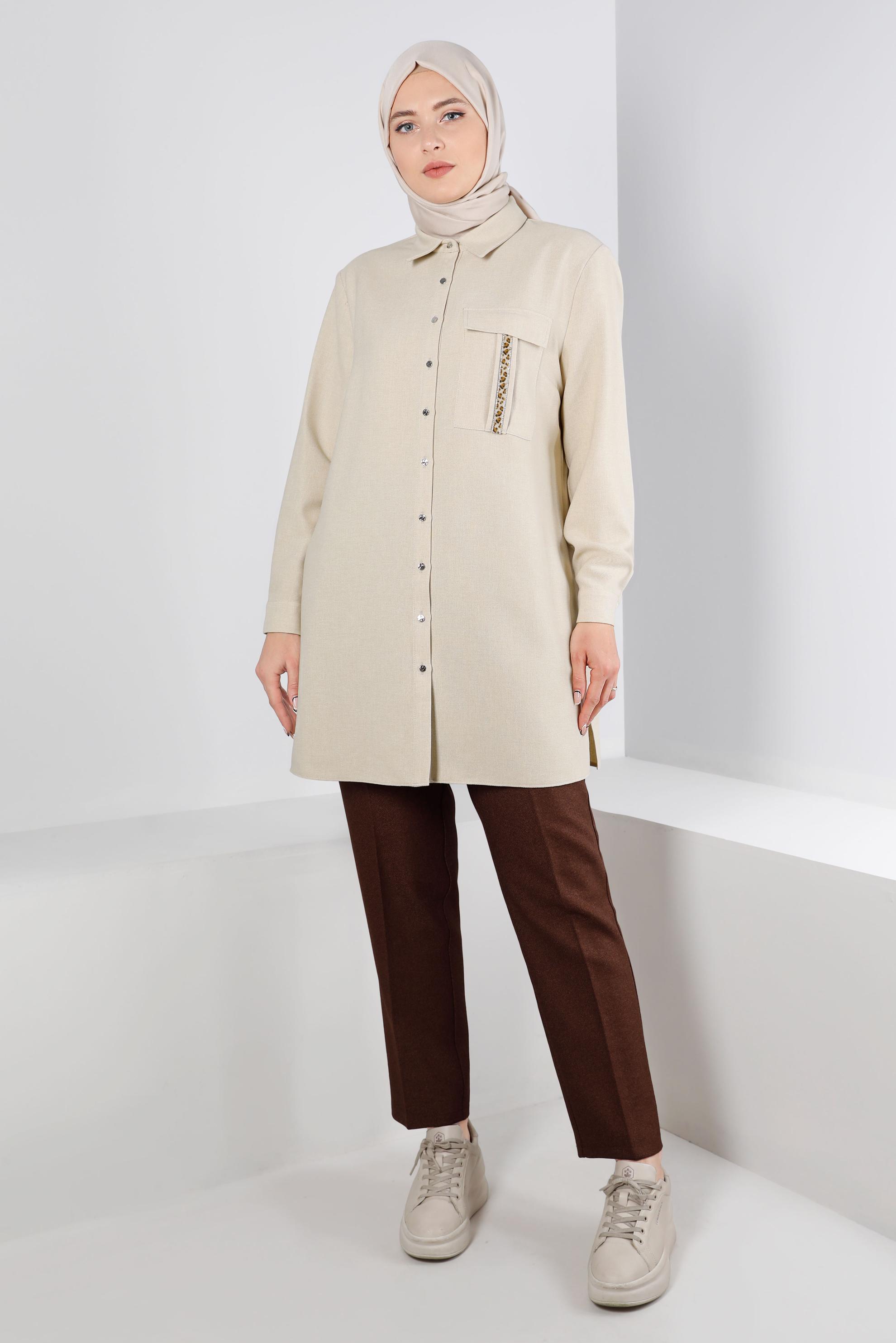 Tesettür giyim BEJ VATKALI DÜĞMELİ TUNİK 20304
