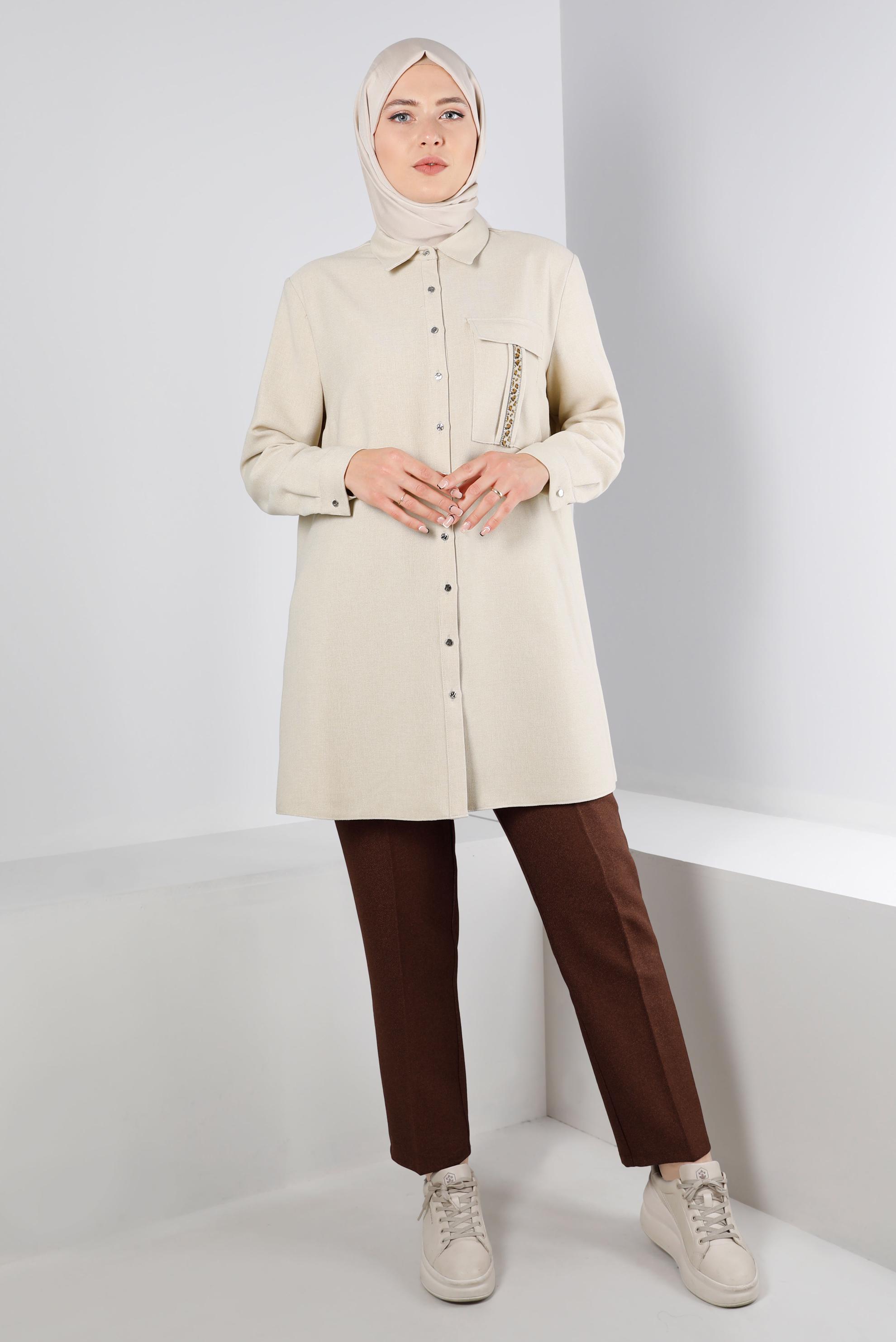 Tesettür giyim BEJ VATKALI DÜĞMELİ TUNİK 20304