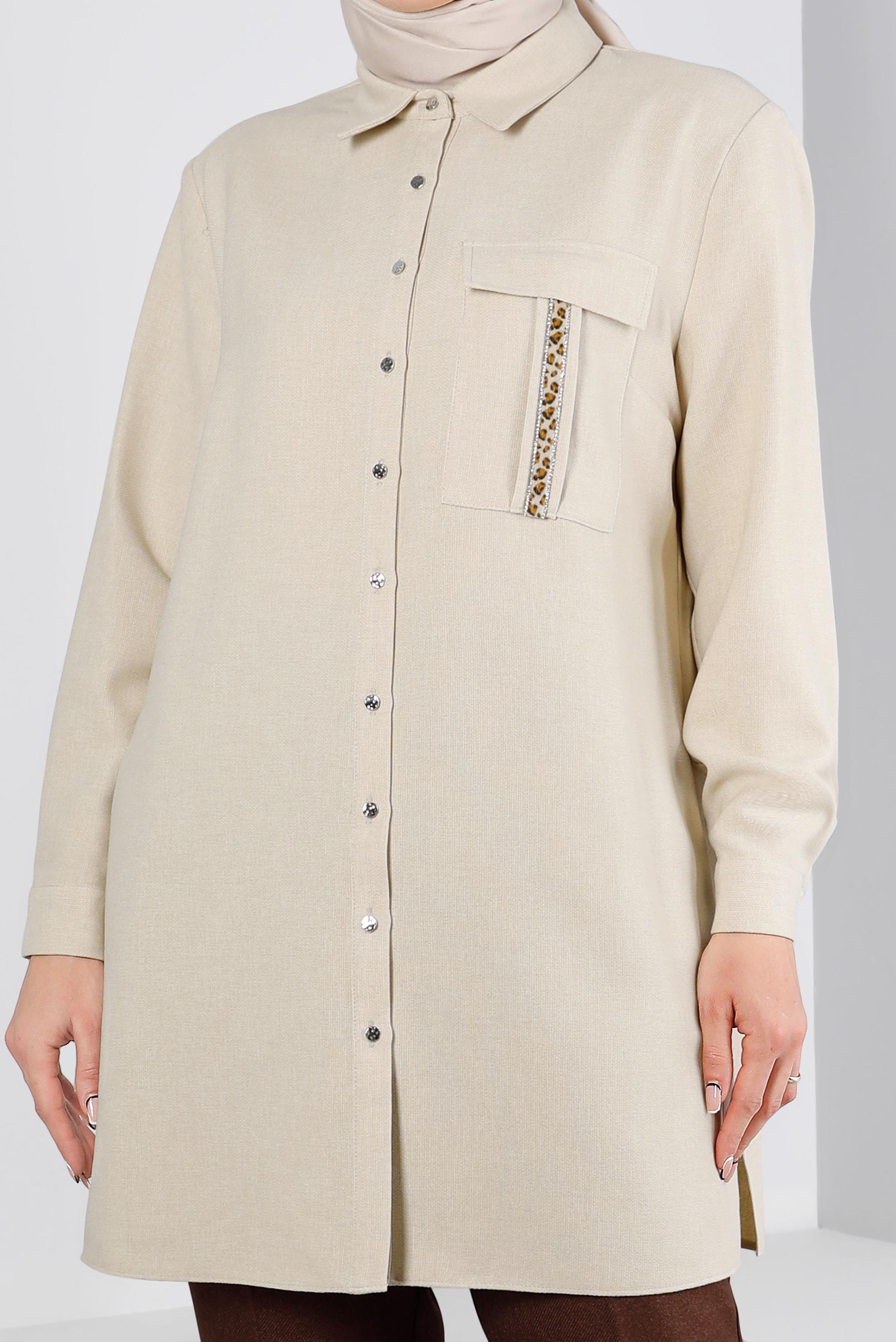 Tesettür giyim BEJ VATKALI DÜĞMELİ TUNİK 20304