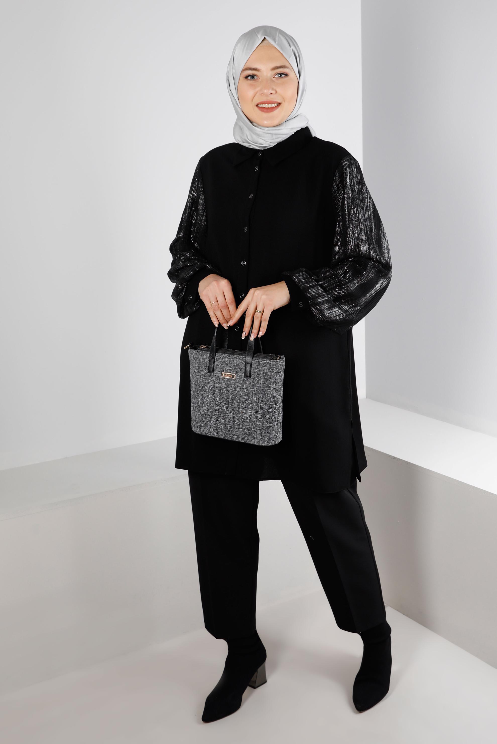 Tesettür giyim SİYAH DÜĞMELİ BALON KOL TUNİK 20306