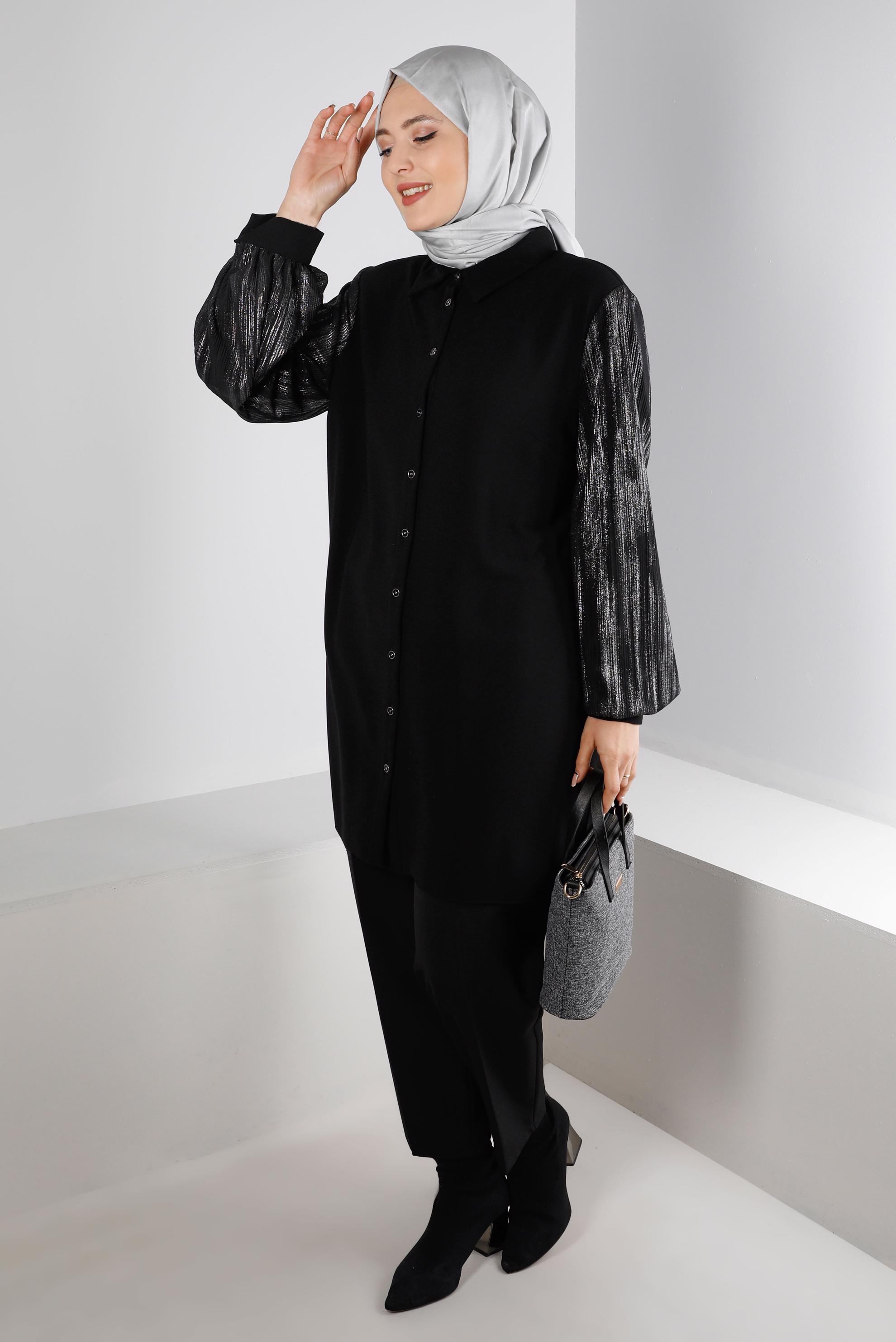 Tesettür giyim SİYAH DÜĞMELİ BALON KOL TUNİK 20306