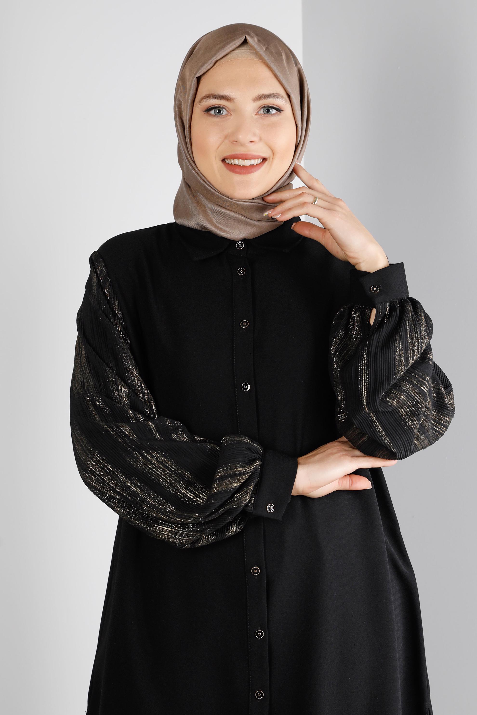 Tesettür giyim SİYAH DÜĞMELİ BALON KOL TUNİK 20306