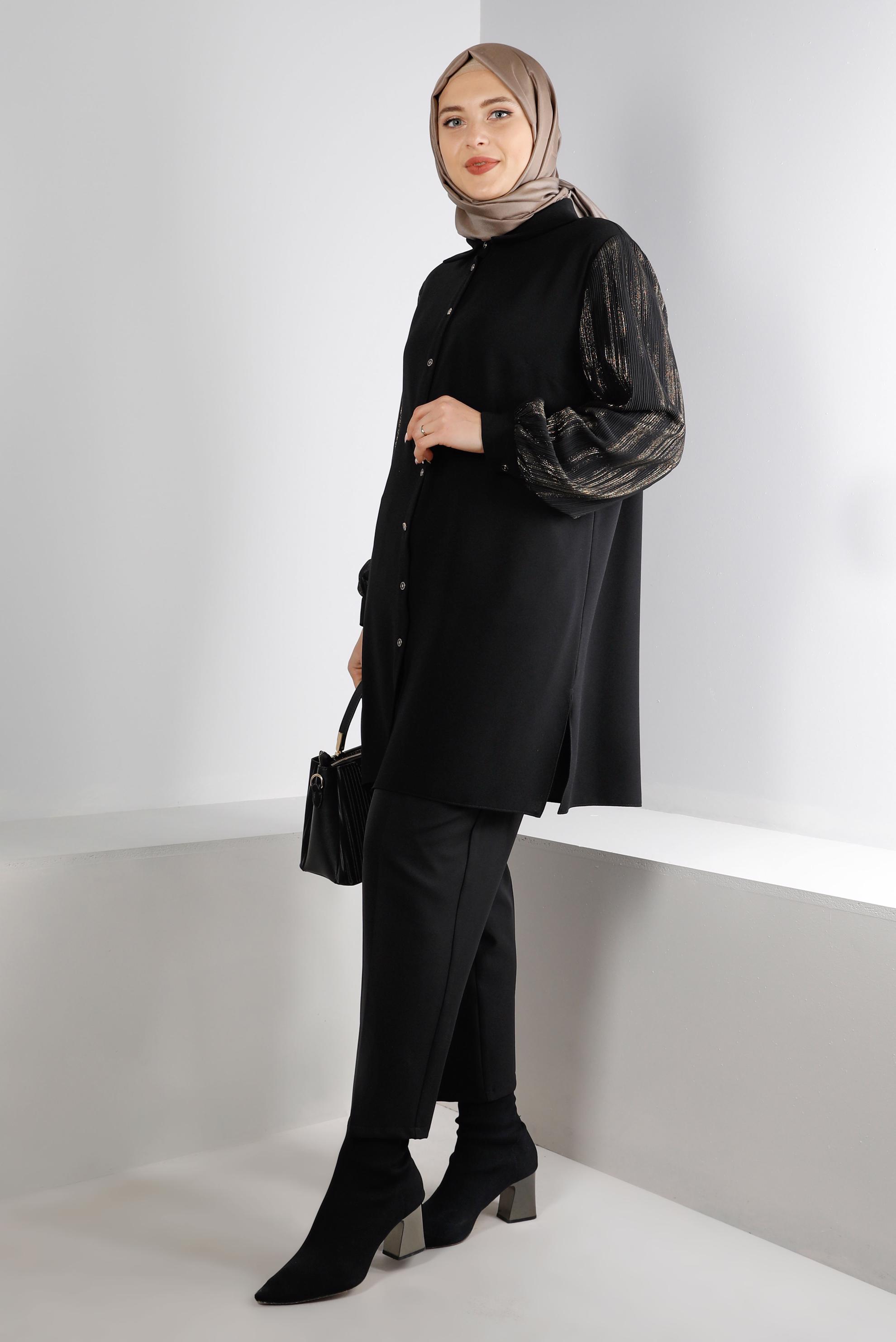 Tesettür giyim SİYAH DÜĞMELİ BALON KOL TUNİK 20306