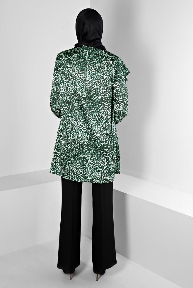 Tesettür giyim YEŞİL LEOPAR DESENLİ KOLU FIRFIRLI SATEN TUNİK 20309 - ALVİNA
