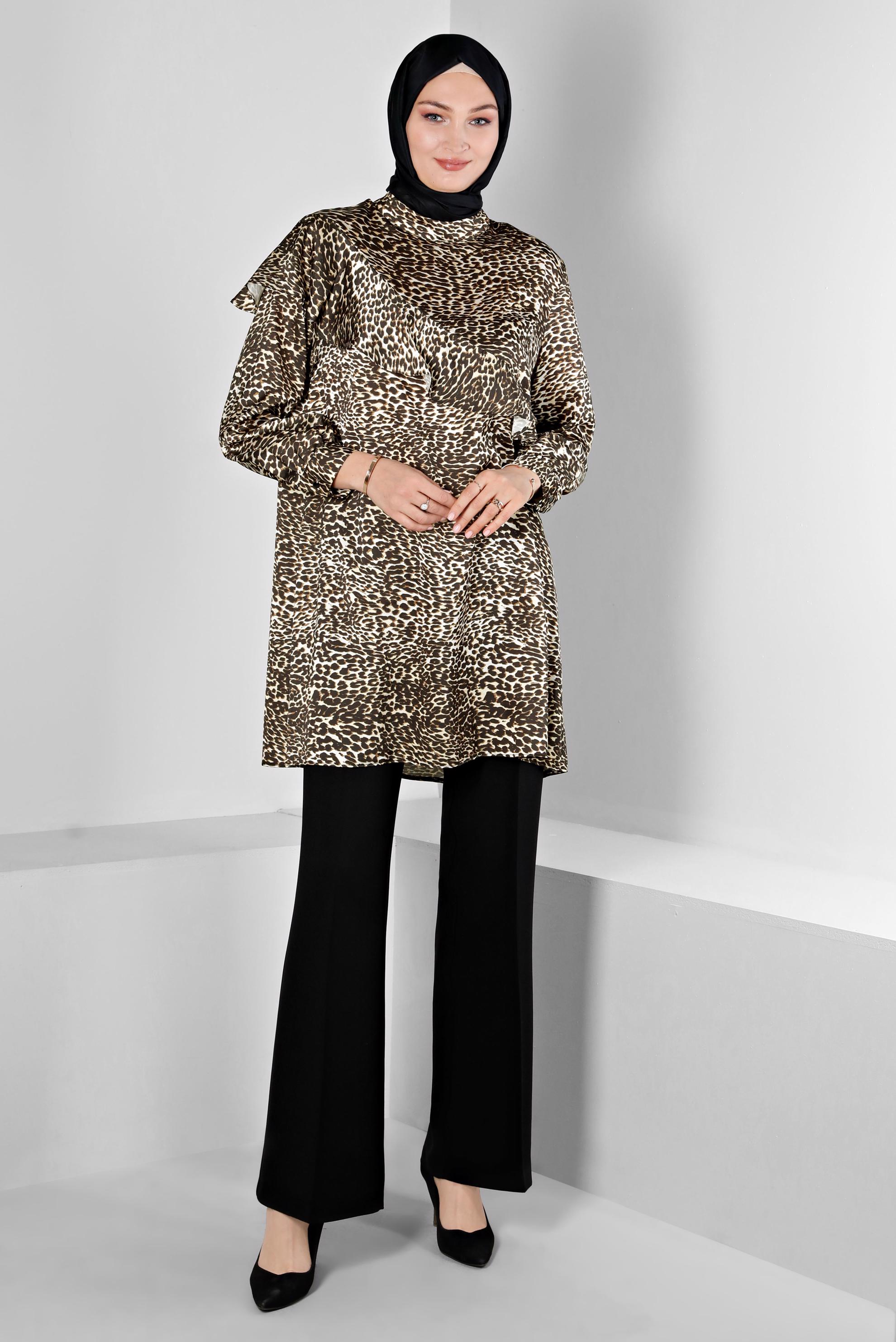 Hijab clothing BROWN LEOPARD PATTERN RUFFLED SATIN TUNIC 20309