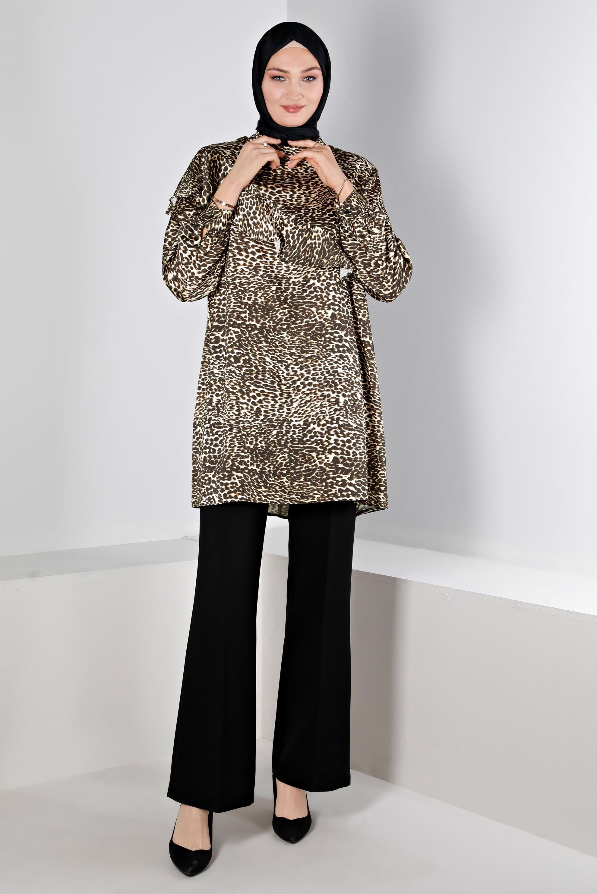 Hijab clothing BROWN LEOPARD PATTERN RUFFLED SATIN TUNIC 20309