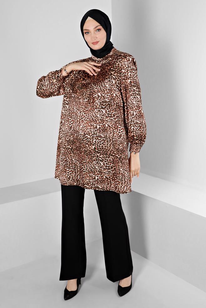 Tesettür giyim TABA LEOPAR DESENLİ KOLU FIRFIRLI SATEN TUNİK 20309 - ALVİNA