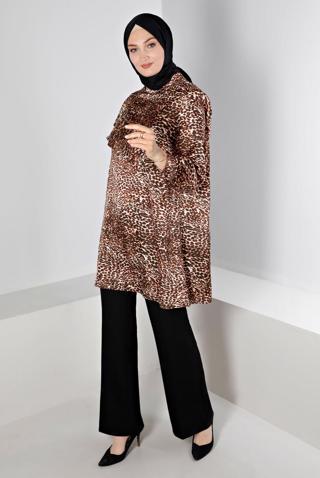 Tesettür giyim TABA LEOPAR DESENLİ KOLU FIRFIRLI SATEN TUNİK 20309 - ALVİNA