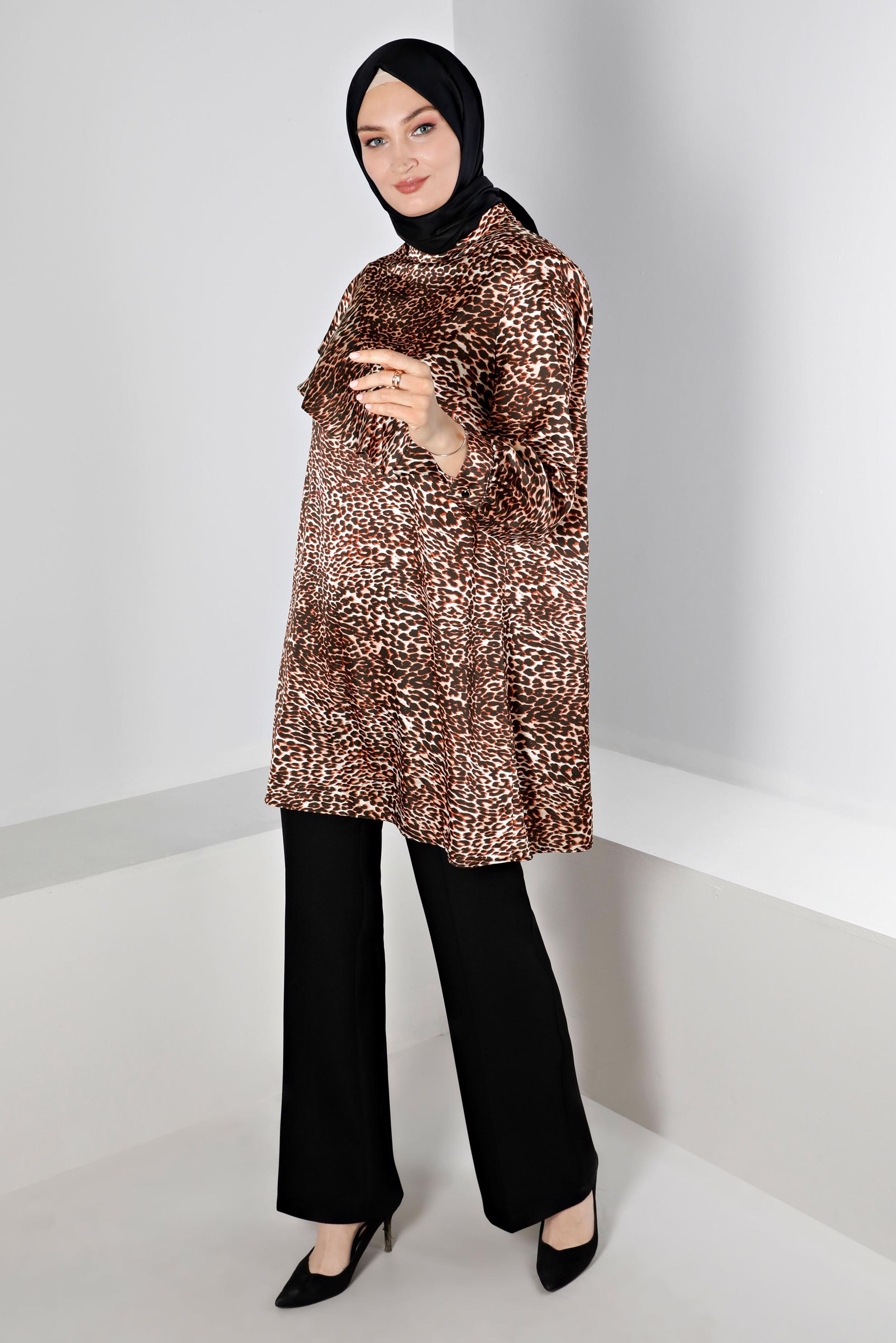 Tesettür giyim TABA LEOPAR DESENLİ KOLU FIRFIRLI SATEN TUNİK 20309