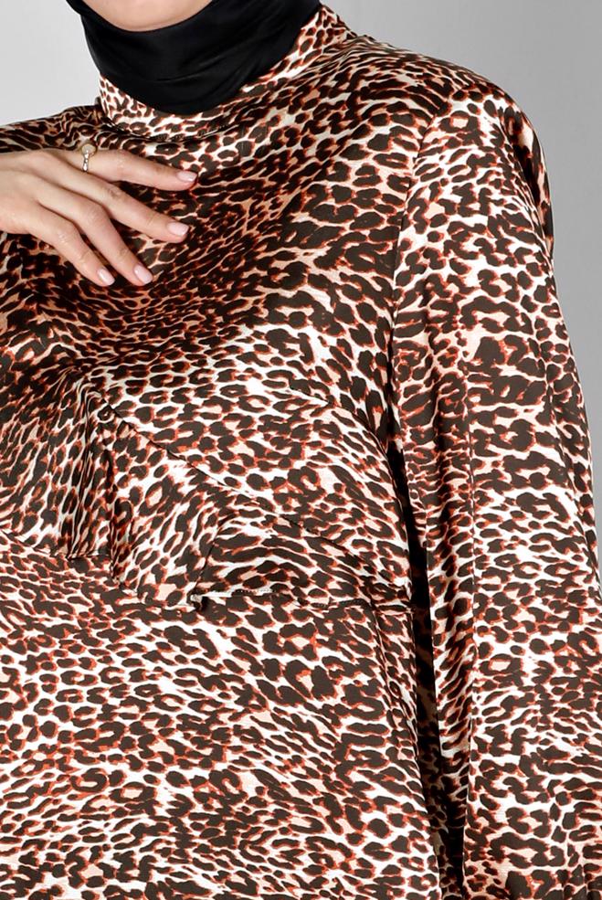 Tesettür giyim TABA LEOPAR DESENLİ KOLU FIRFIRLI SATEN TUNİK 20309 - ALVİNA