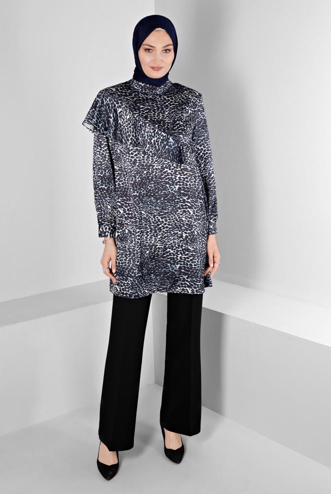 Tesettür giyim LACİVERT LEOPAR DESENLİ KOLU FIRFIRLI SATEN TUNİK 20309 - ALVİNA