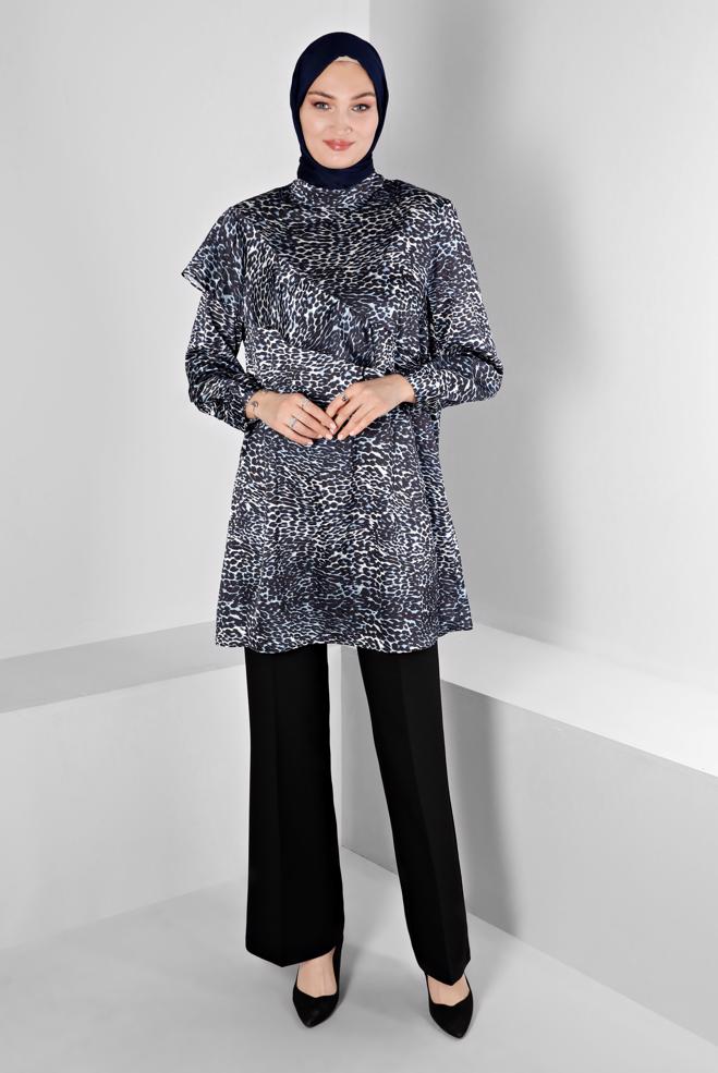 Tesettür giyim LACİVERT LEOPAR DESENLİ KOLU FIRFIRLI SATEN TUNİK 20309 - ALVİNA