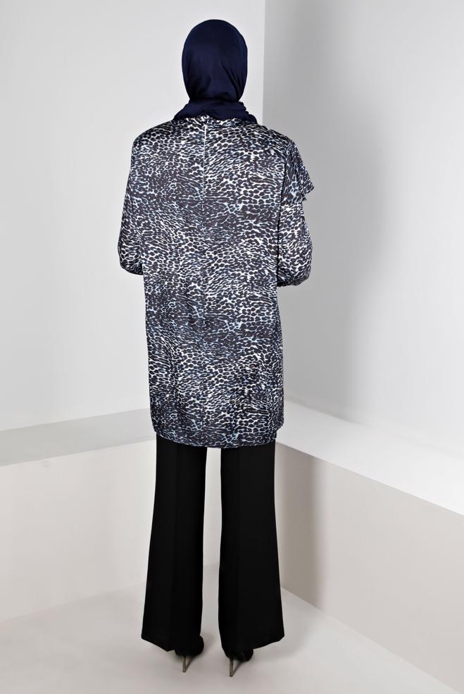 Tesettür giyim LACİVERT LEOPAR DESENLİ KOLU FIRFIRLI SATEN TUNİK 20309 - ALVİNA