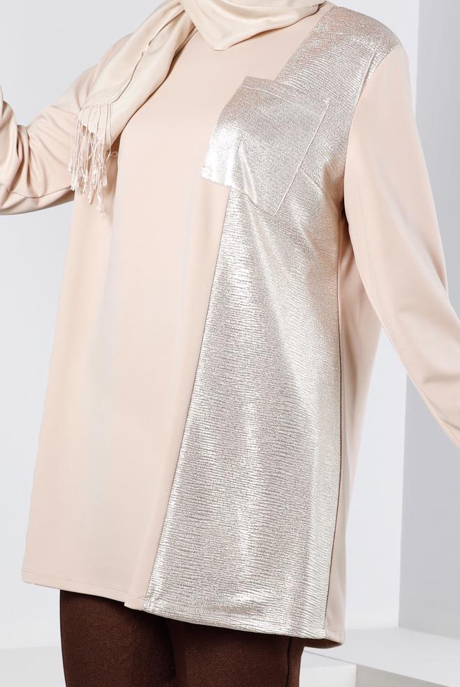 Tesettür giyim BEJ VATKALI CEPLİ TUNİK 20329  - ALVİNA