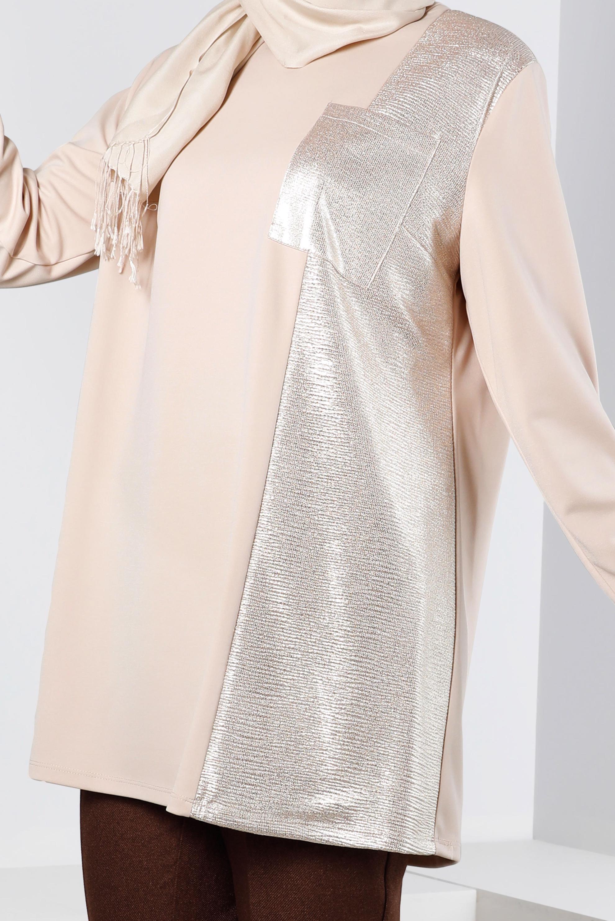 Tesettür giyim BEJ VATKALI CEPLİ TUNİK 20329 