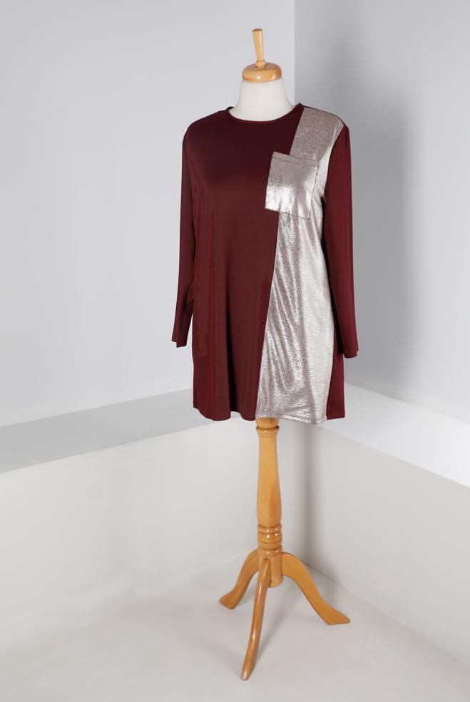 Tesettür giyim BORDO VATKALI CEPLİ TUNİK 20329  - ALVİNA