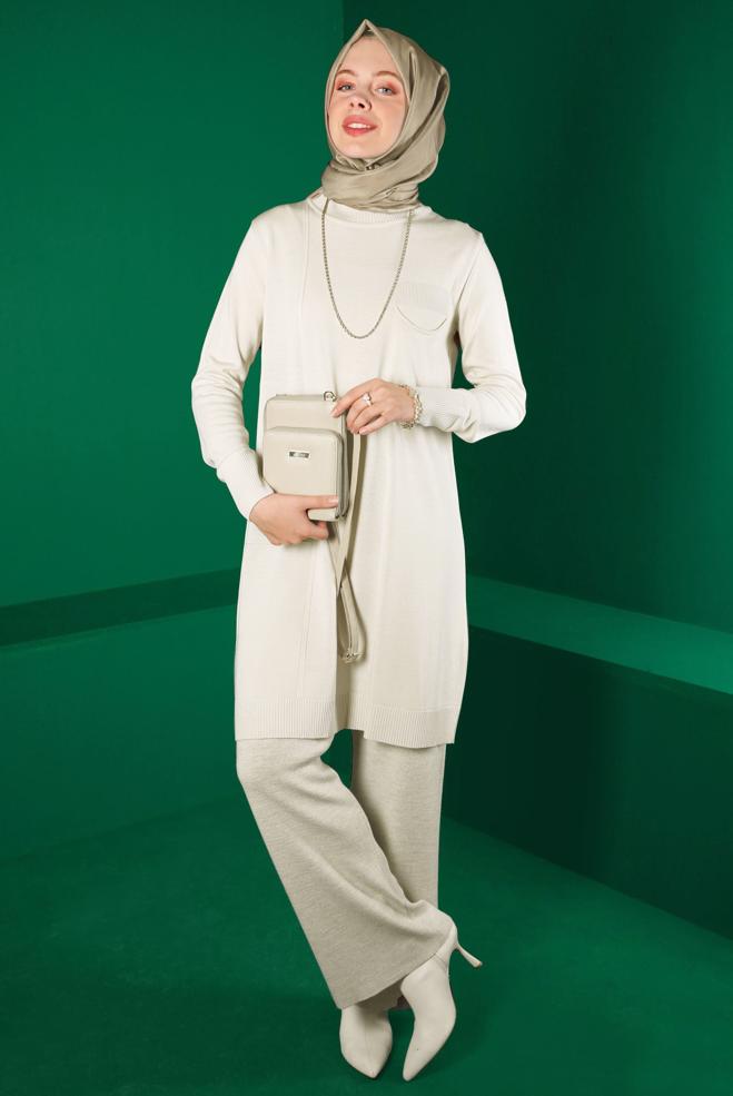 Vêtements hijab BLANC TUNIQUE MAILLE DÉTAIL POCHE 43100 - ALVİNA