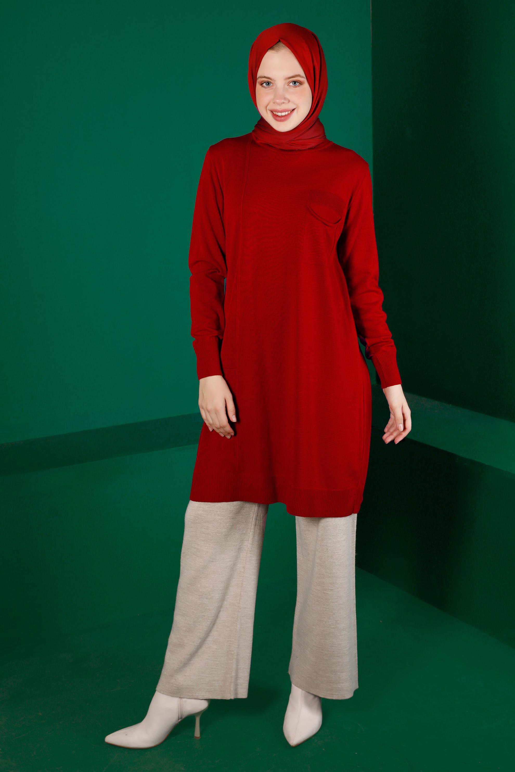 Tesettür giyim KIRMIZI CEP DETAYLI TRİKO TUNİK 43100 