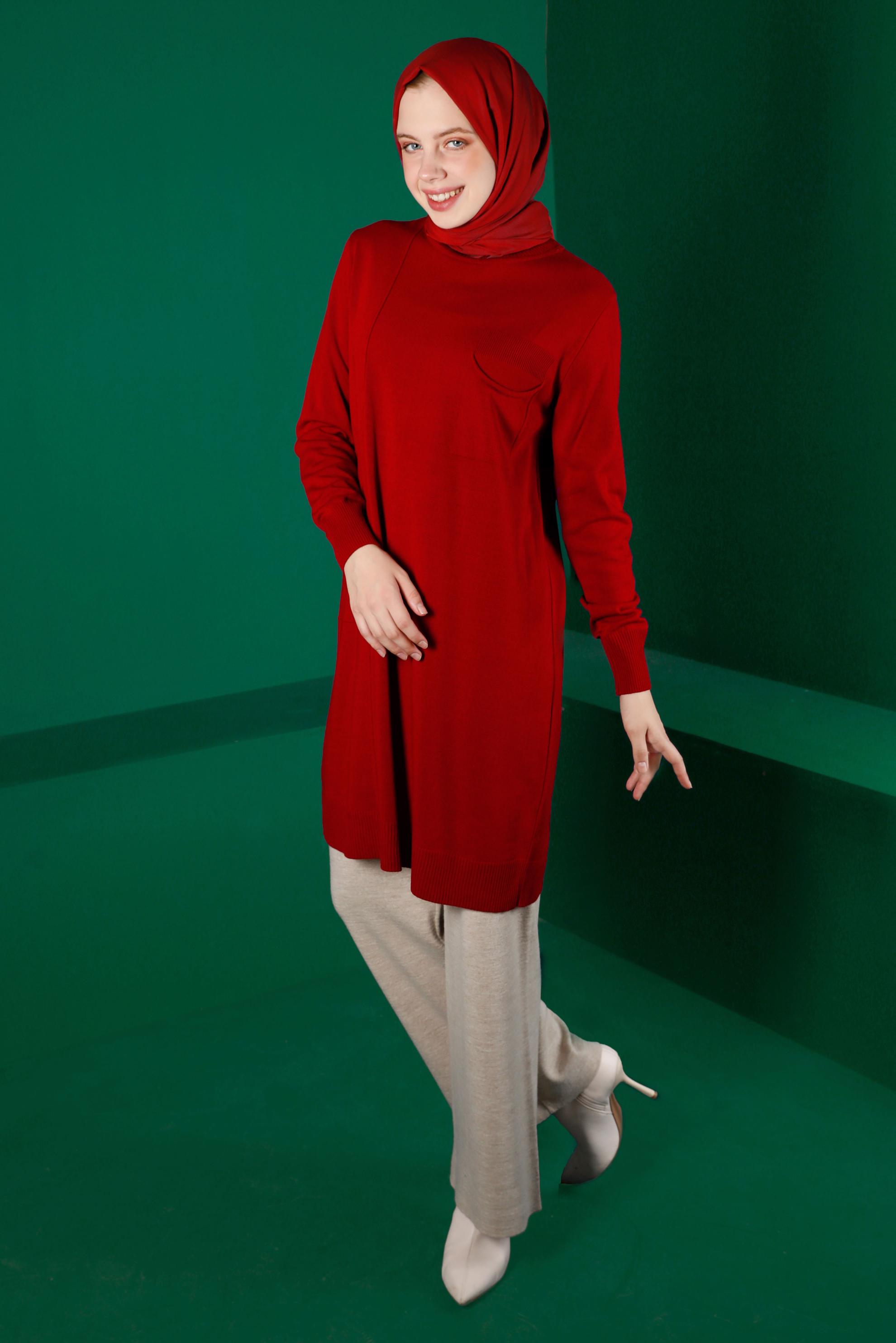 Tesettür giyim KIRMIZI CEP DETAYLI TRİKO TUNİK 43100 