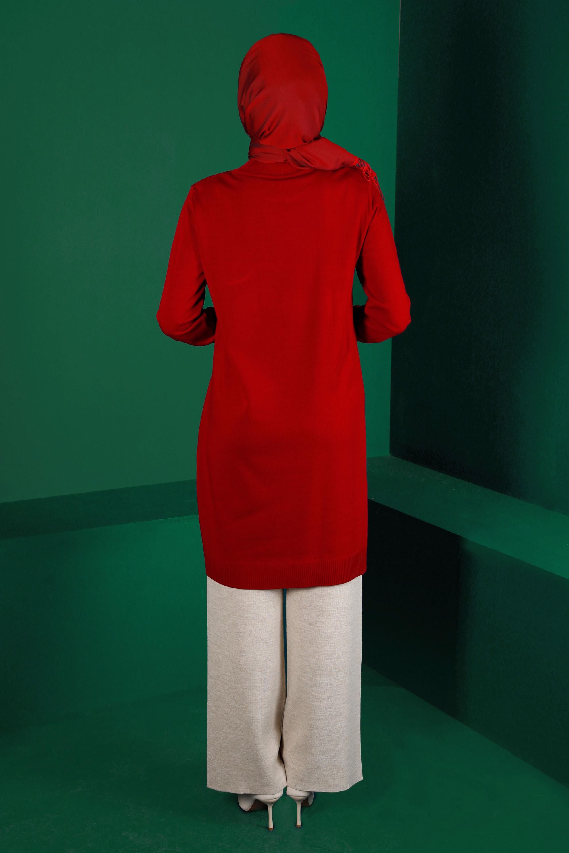 Tesettür giyim KIRMIZI CEP DETAYLI TRİKO TUNİK 43100 