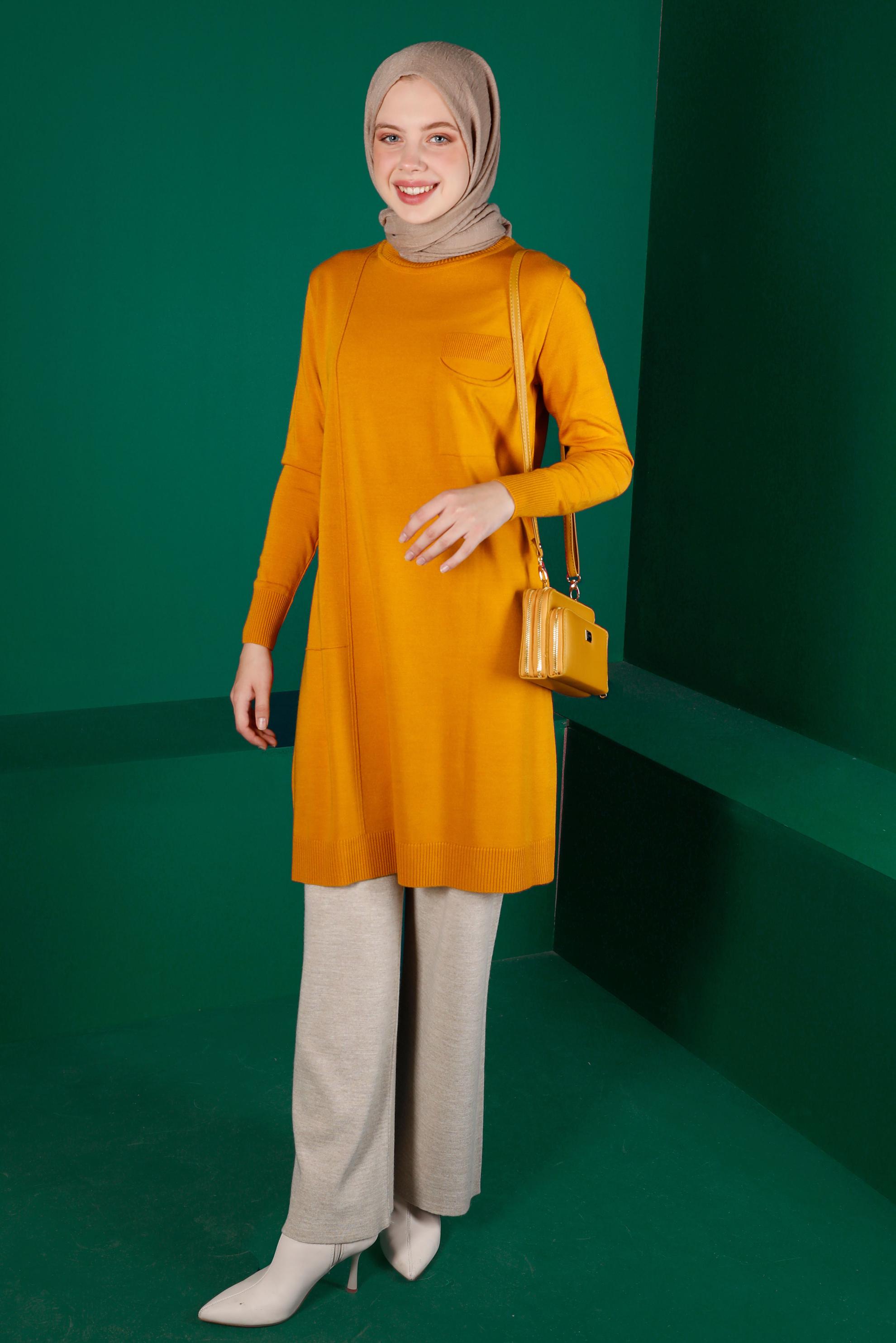 Tesettür giyim SARI CEP DETAYLI TRİKO TUNİK 43100 