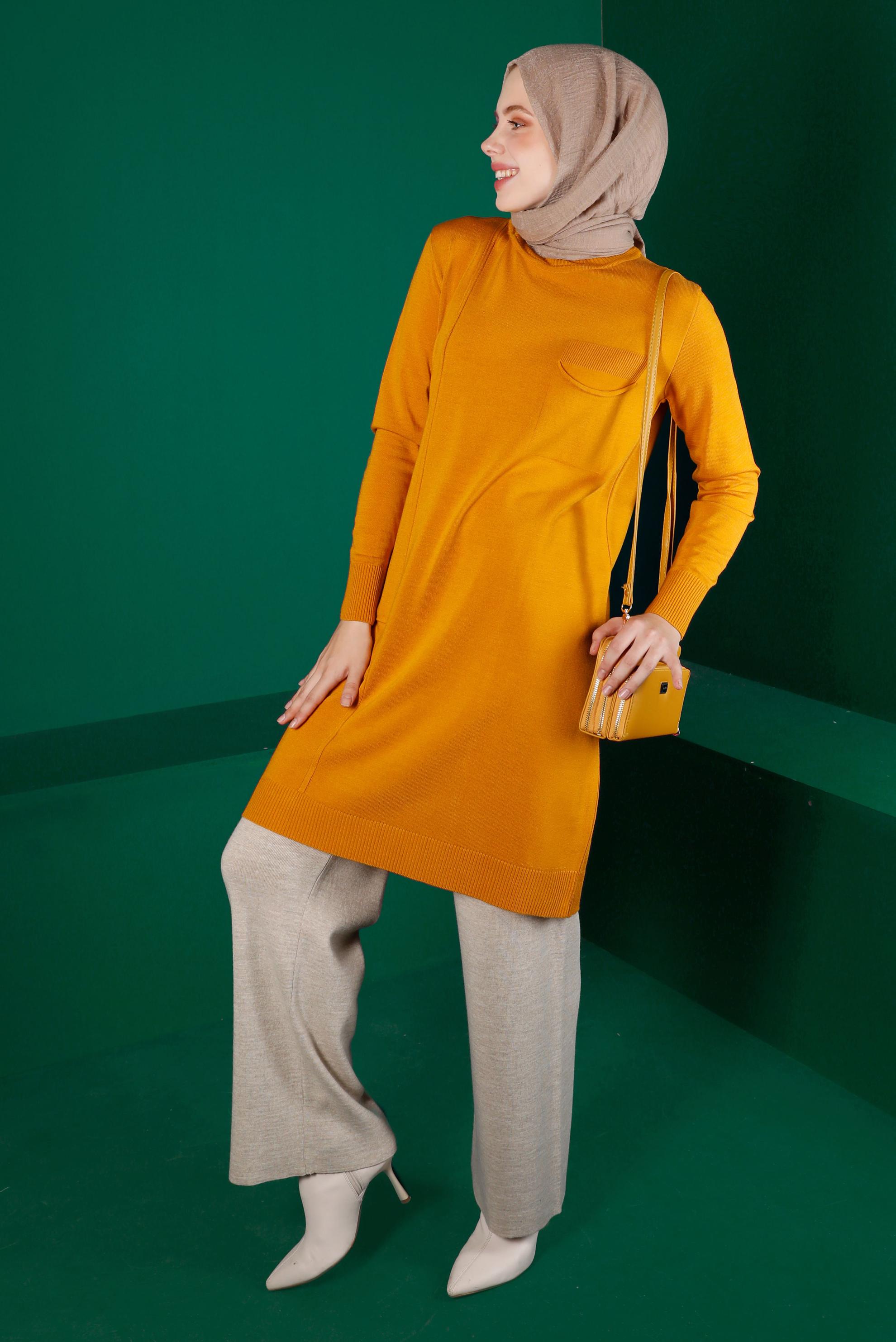 Tesettür giyim SARI CEP DETAYLI TRİKO TUNİK 43100 