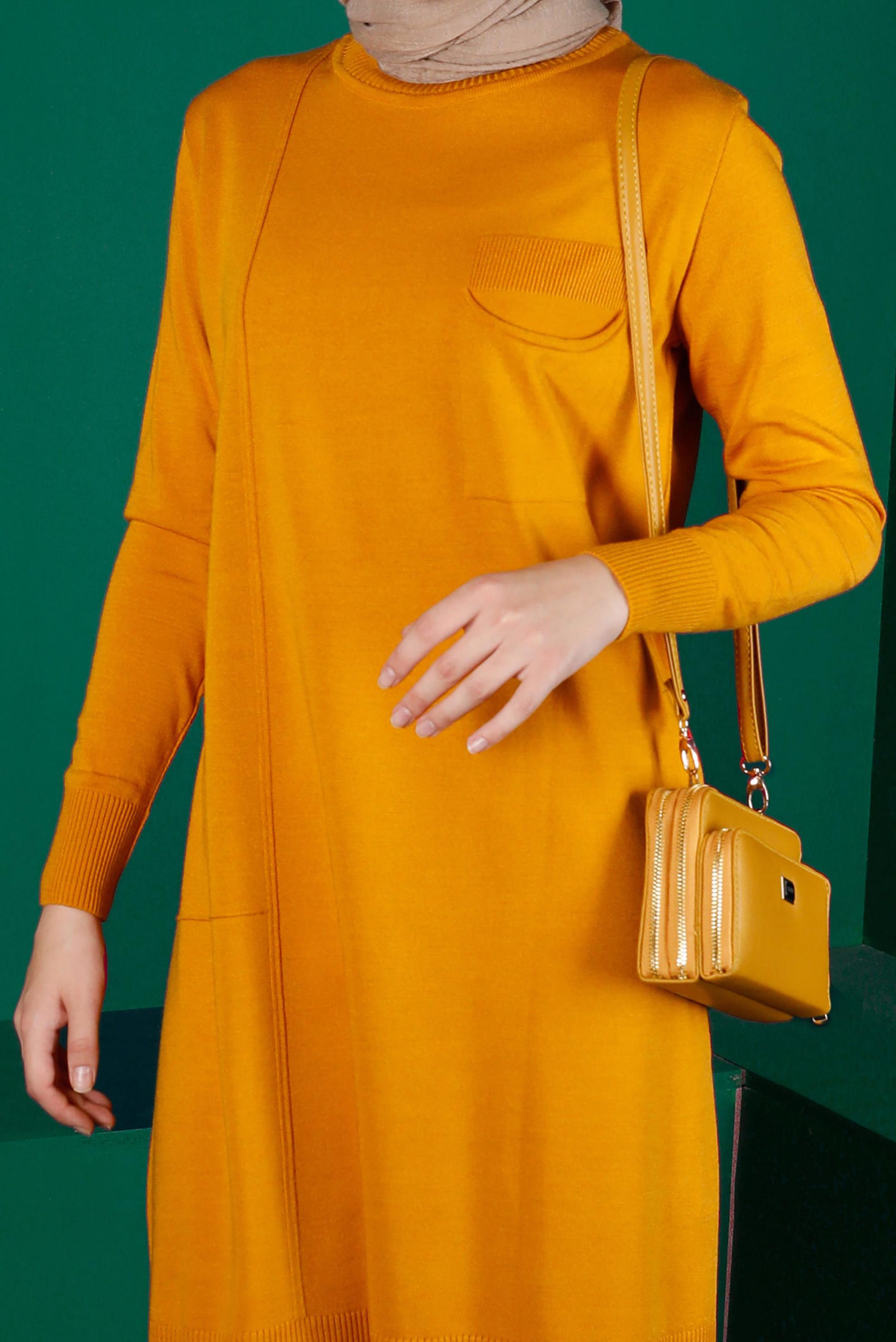 Tesettür giyim SARI CEP DETAYLI TRİKO TUNİK 43100 