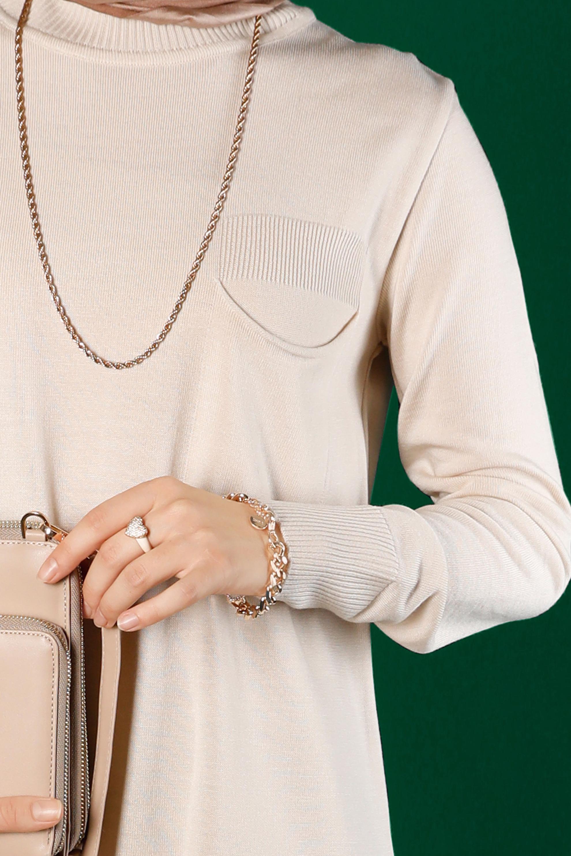 Tesettür giyim BEJ CEP DETAYLI TRİKO TUNİK 43100 