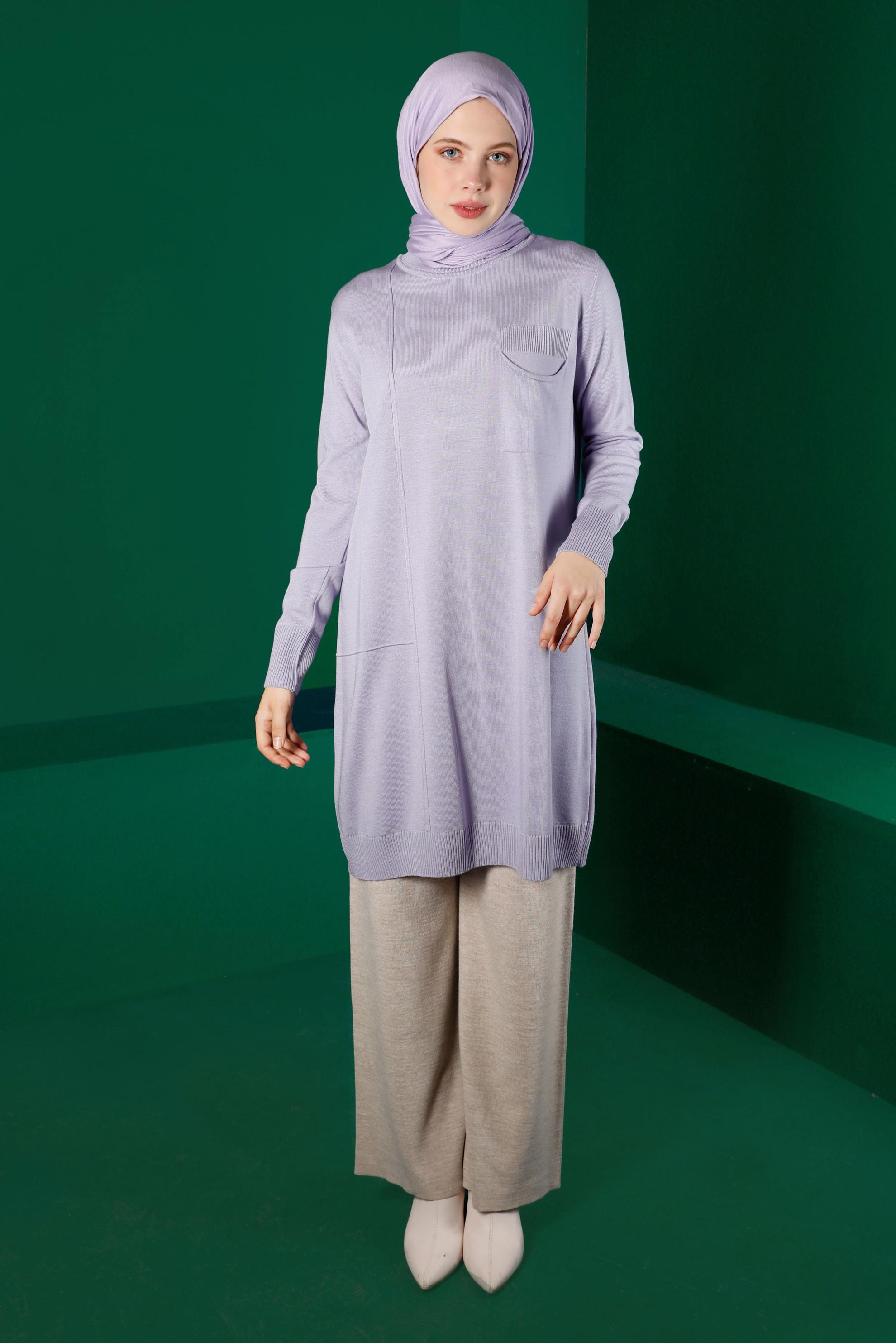 Tesettür giyim MOR CEP DETAYLI TRİKO TUNİK 43100 