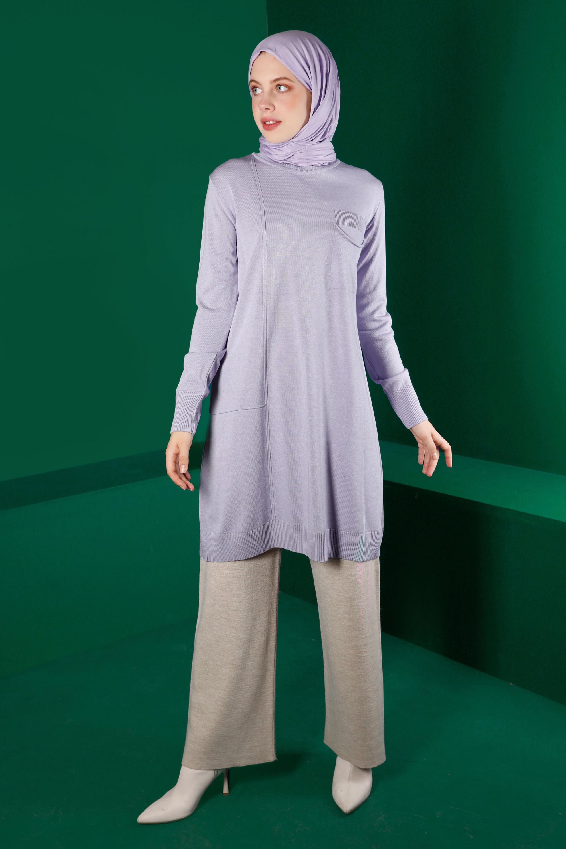 Tesettür giyim MOR CEP DETAYLI TRİKO TUNİK 43100 