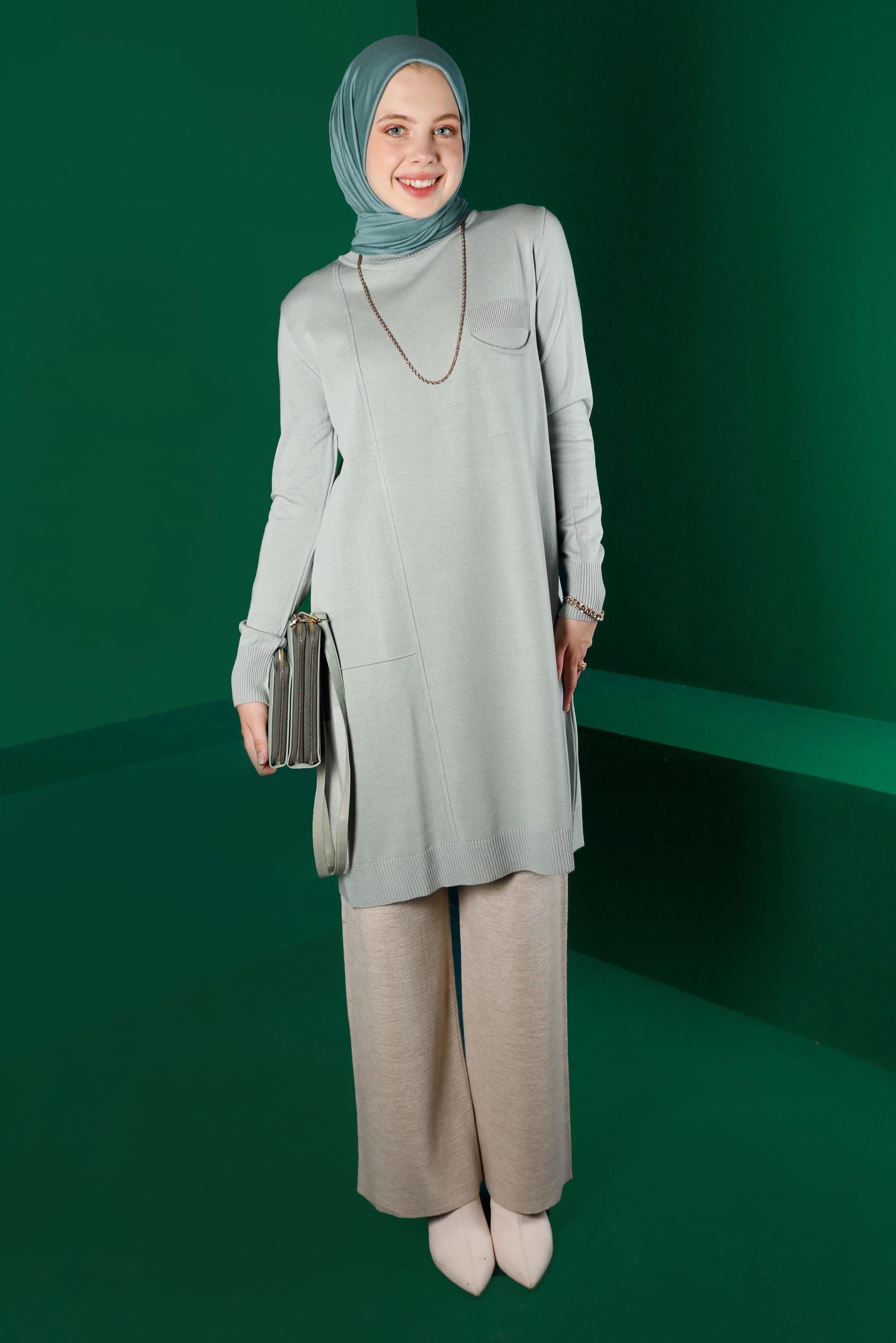 Tesettür giyim YEŞİL CEP DETAYLI TRİKO TUNİK 43100 