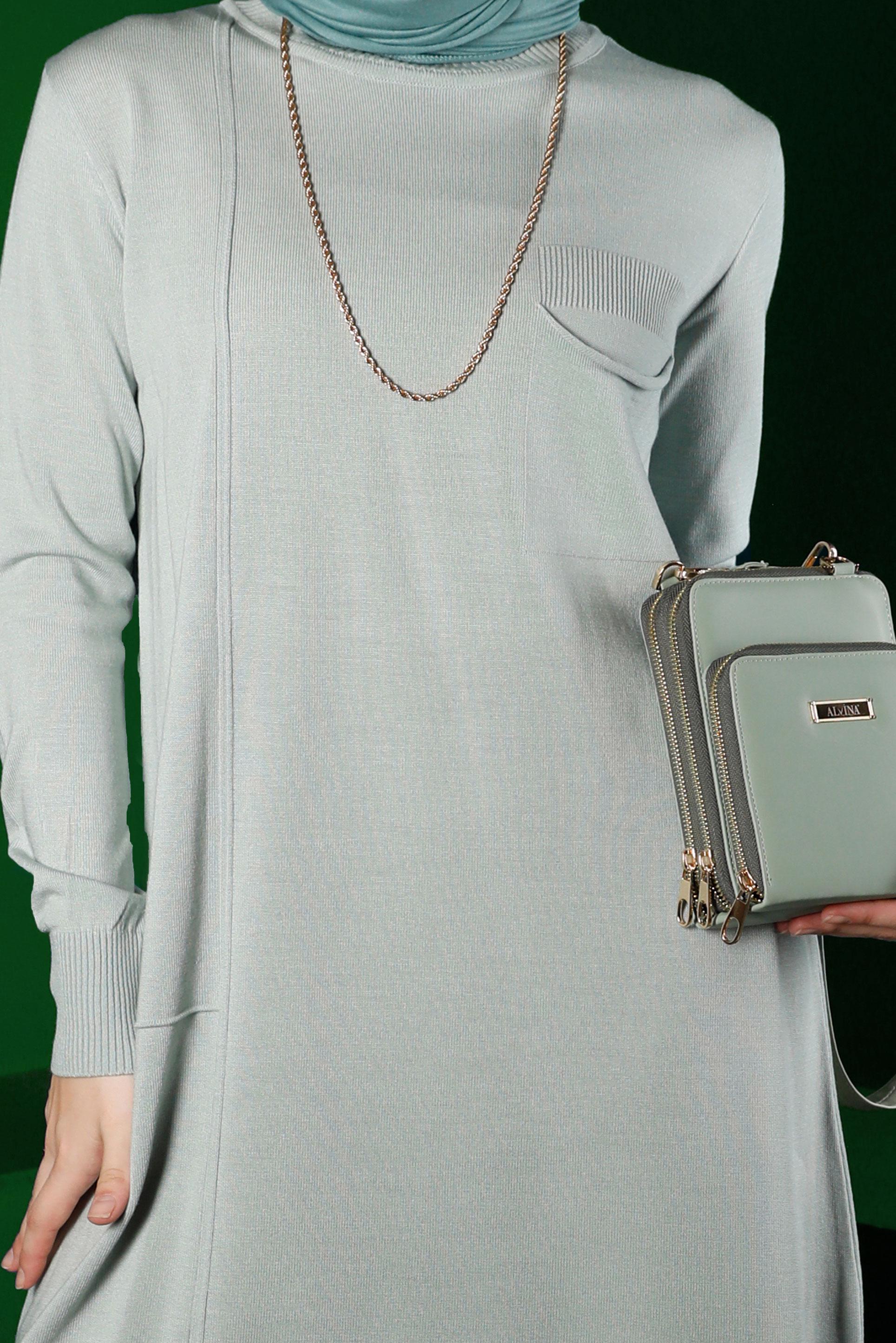 Tesettür giyim YEŞİL CEP DETAYLI TRİKO TUNİK 43100 