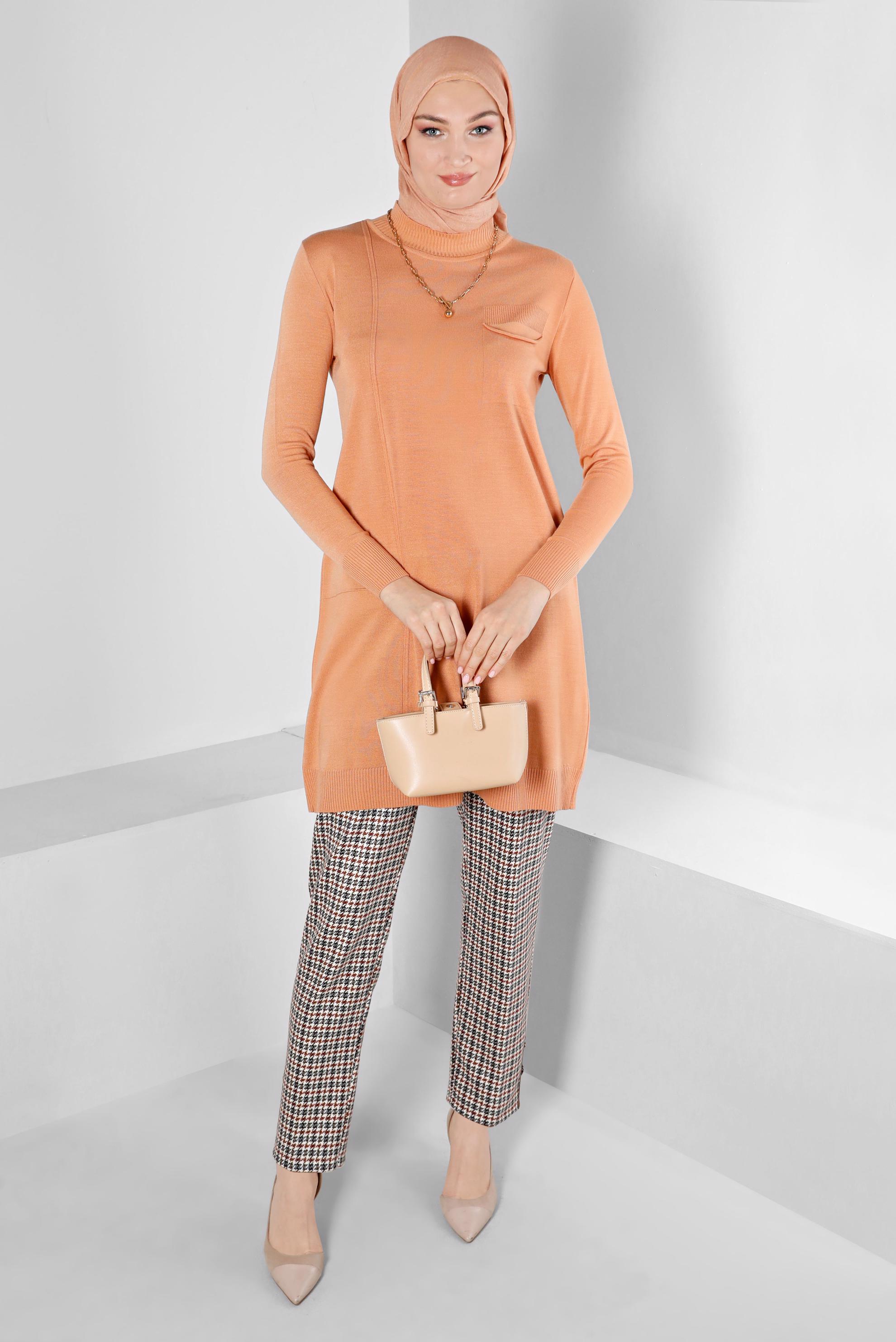 Tesettür giyim PEMBE CEP DETAYLI TRİKO TUNİK 43100 