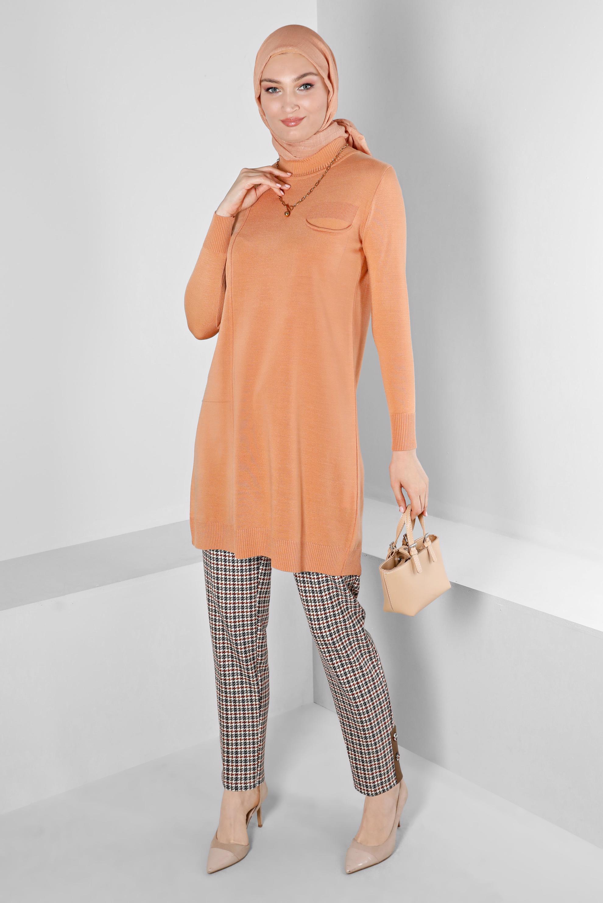 Tesettür giyim PEMBE CEP DETAYLI TRİKO TUNİK 43100 