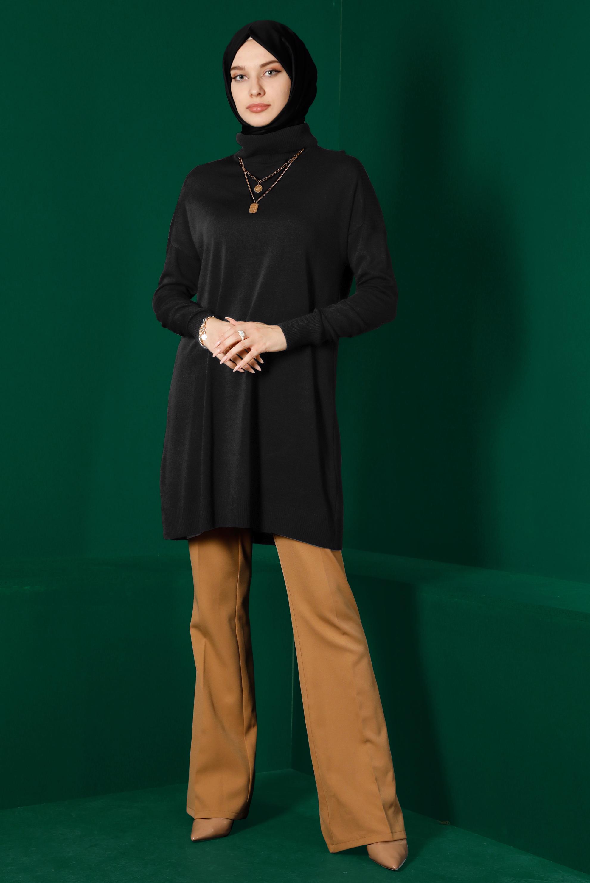 Tesettür giyim SİYAH BALIKÇI YAKA BASIC TRİKO TUNİK 43101 