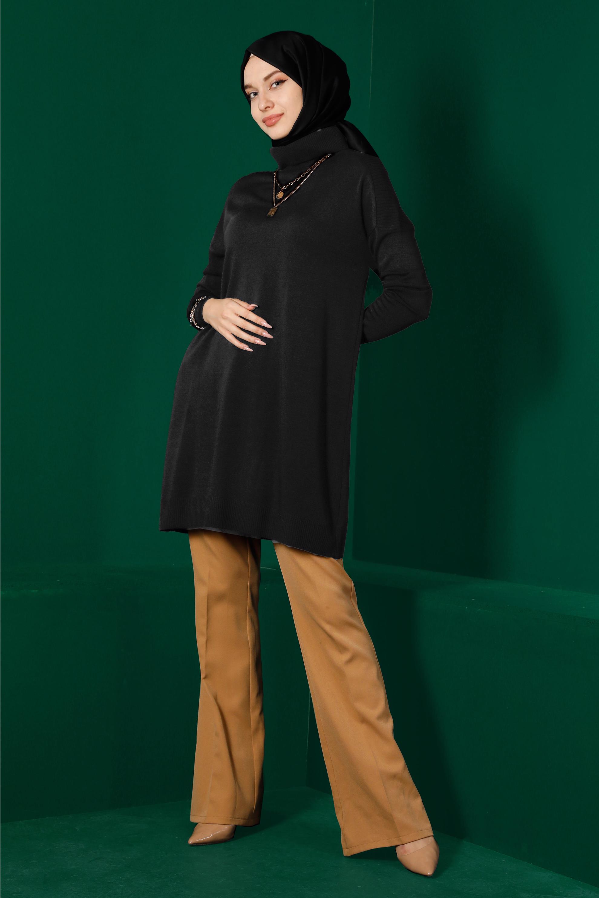 Tesettür giyim SİYAH BALIKÇI YAKA BASIC TRİKO TUNİK 43101 