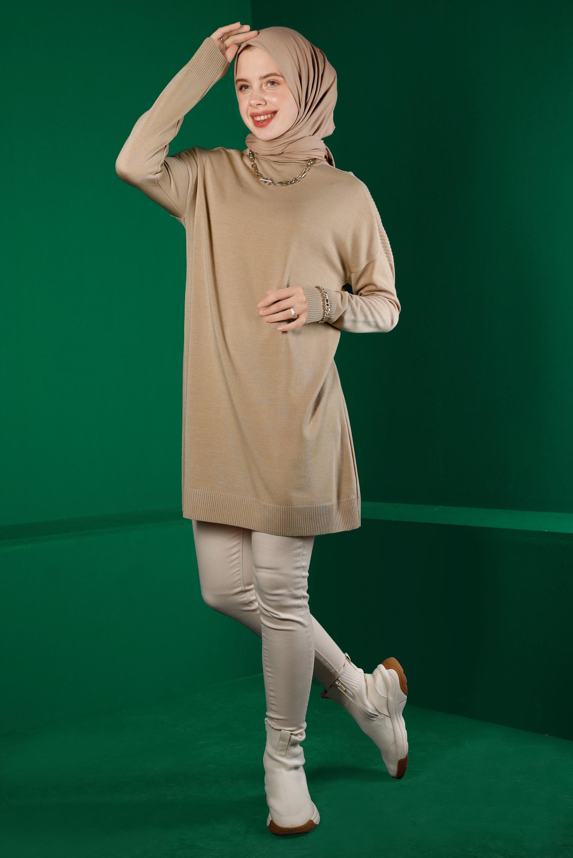 Tesettür giyim BEJ BALIKÇI YAKA BASIC TRİKO TUNİK 43101 