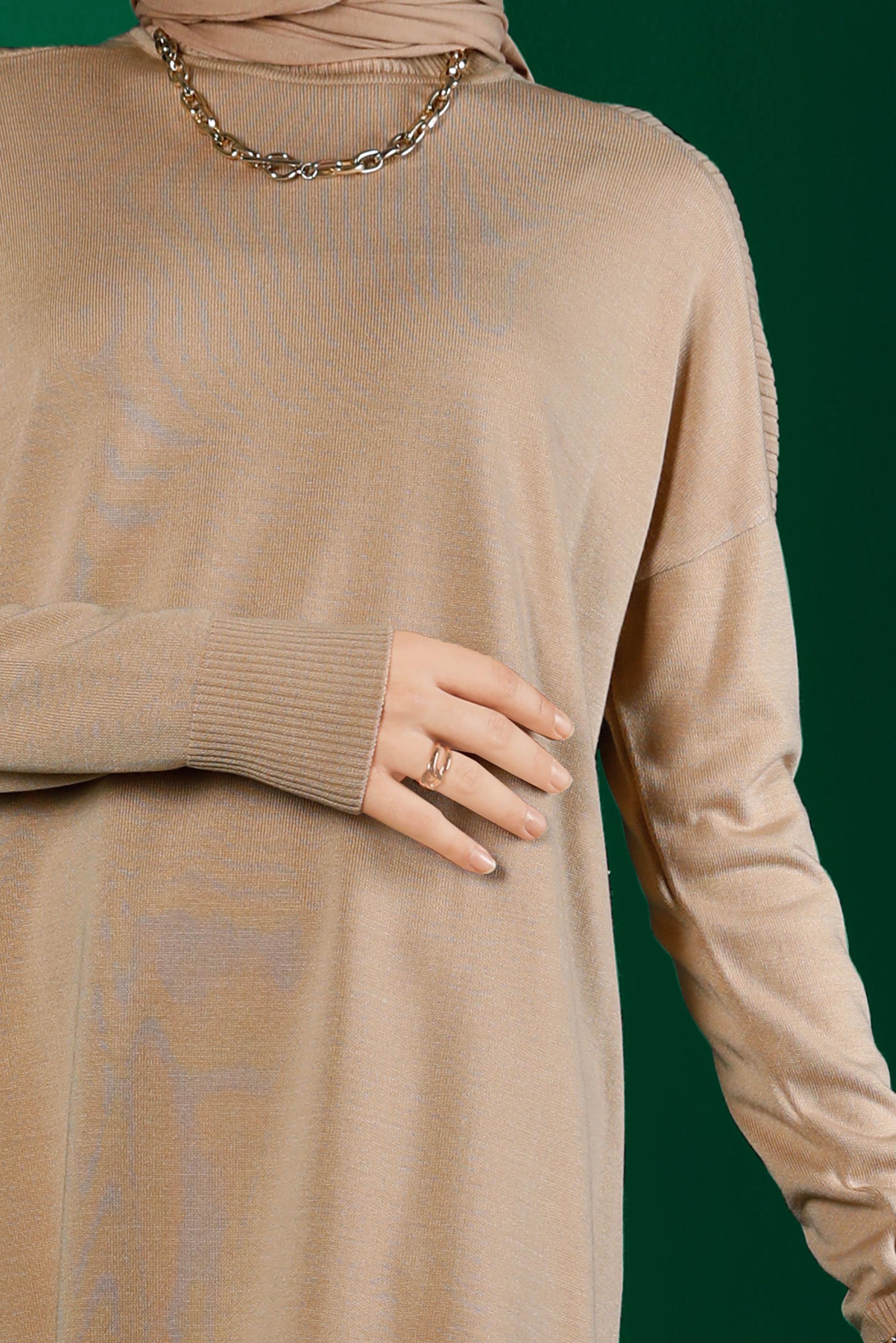 Tesettür giyim BEJ BALIKÇI YAKA BASIC TRİKO TUNİK 43101 