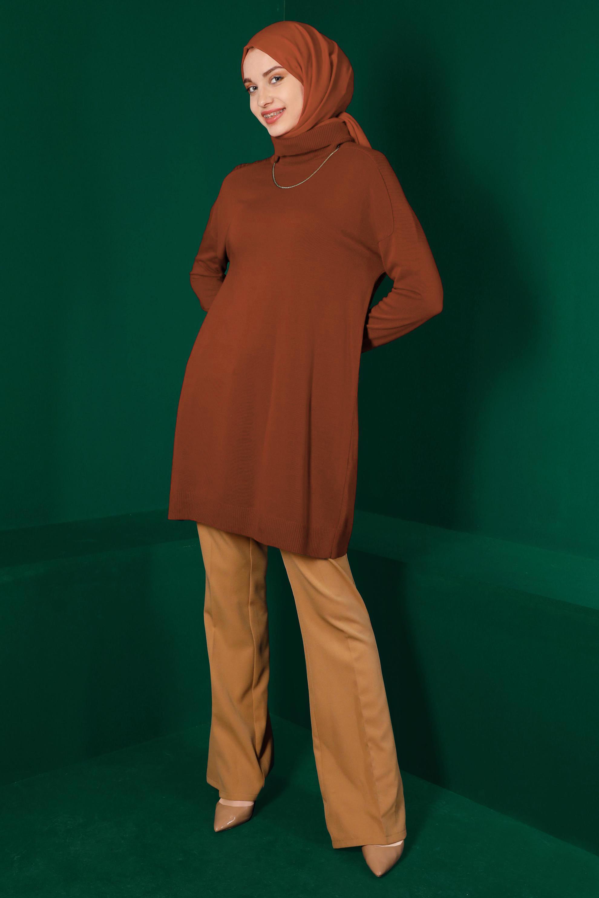 Tesettür giyim BORDO BALIKÇI YAKA BASIC TRİKO TUNİK 43101 