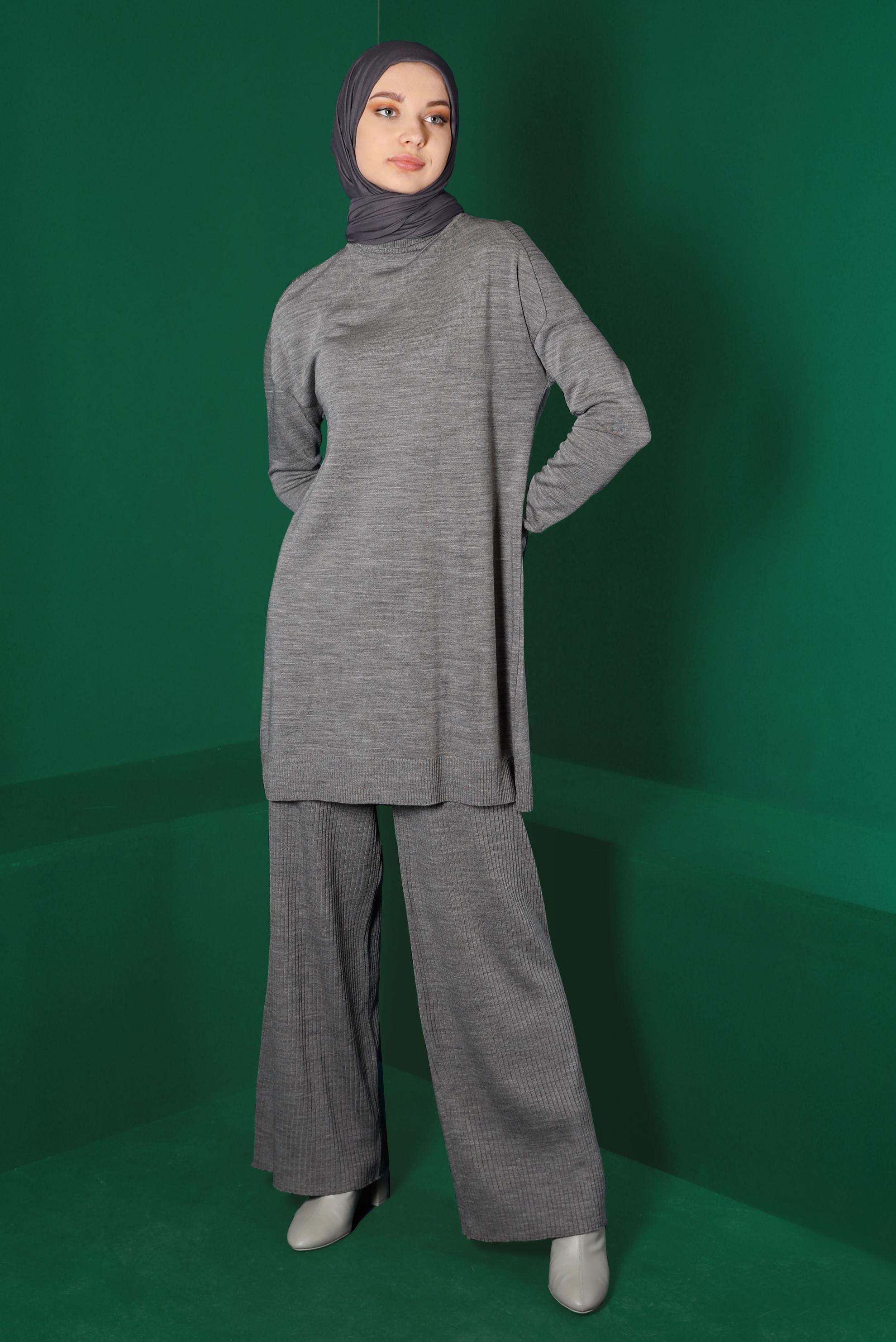 Tesettür giyim GRİ BALIKÇI YAKA BASIC TRİKO TUNİK 43101 